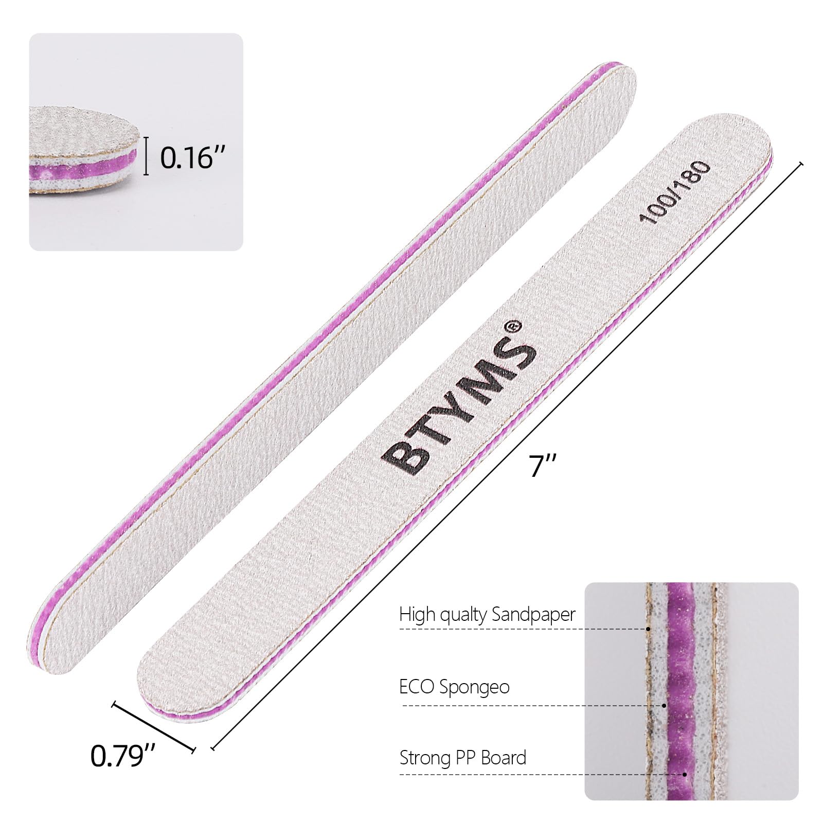 BTYMS nail files with 100 grit for acrylic nails to shorten and shape side walls.