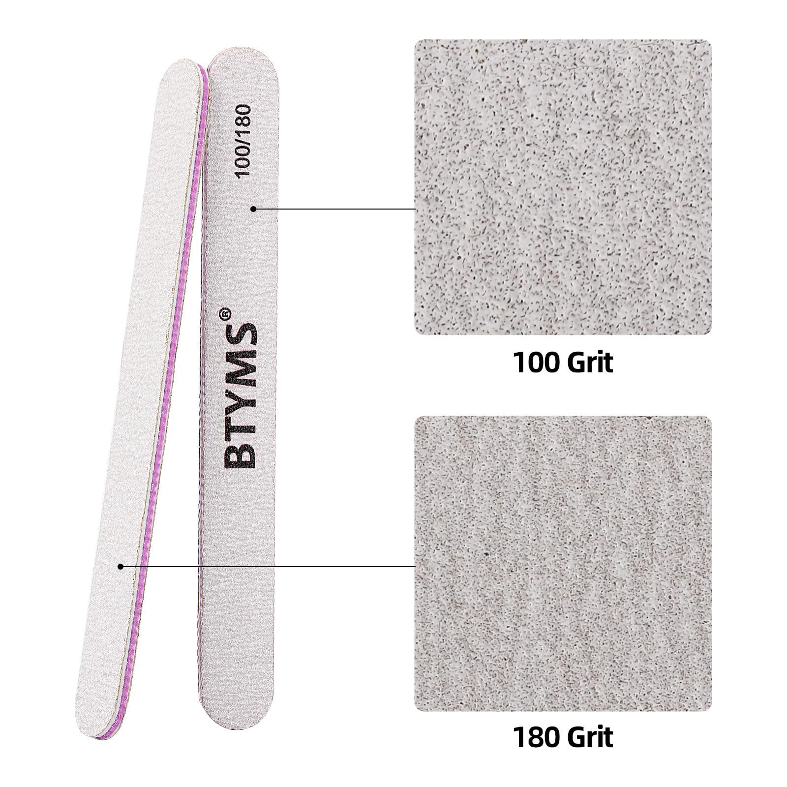 BTYMS nail files 180 grit for removing gel layers on extended or fake nails.