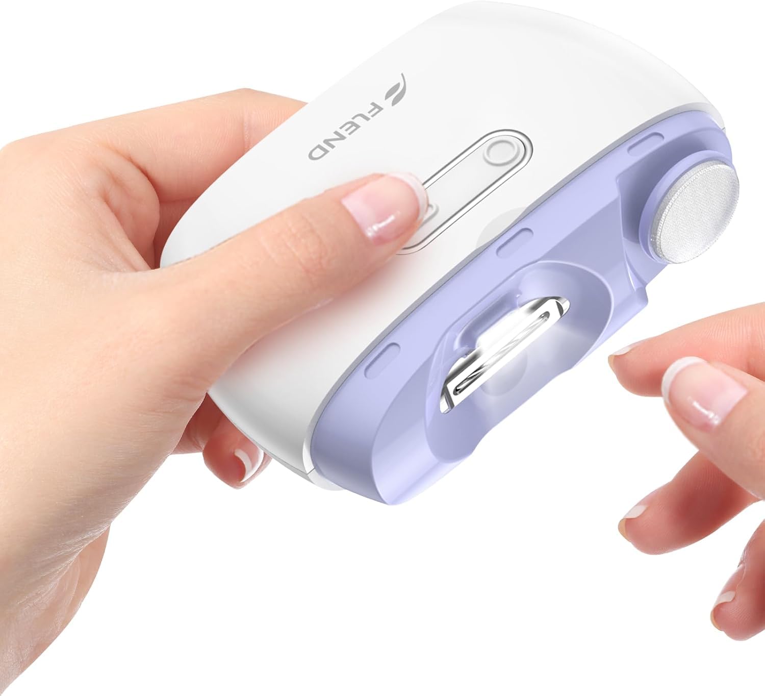 Bubbacare electric nail clipper front view shows 2-in-1 cutter and polisher for smooth nails