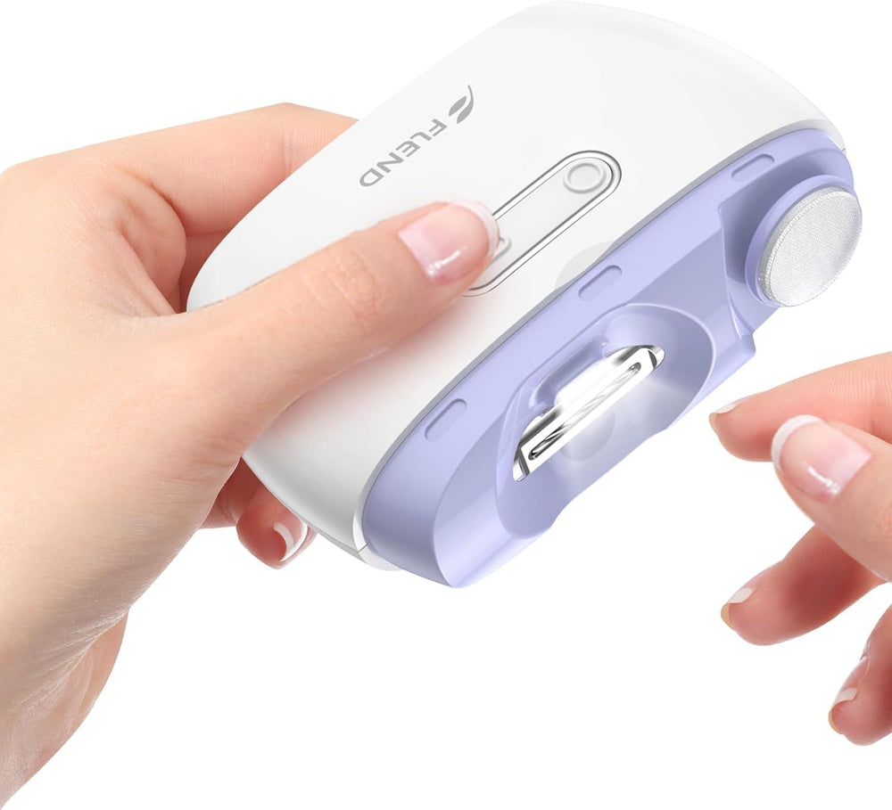 Bubbacare electric nail clipper front view shows 2-in-1 cutter and polisher for smooth nails