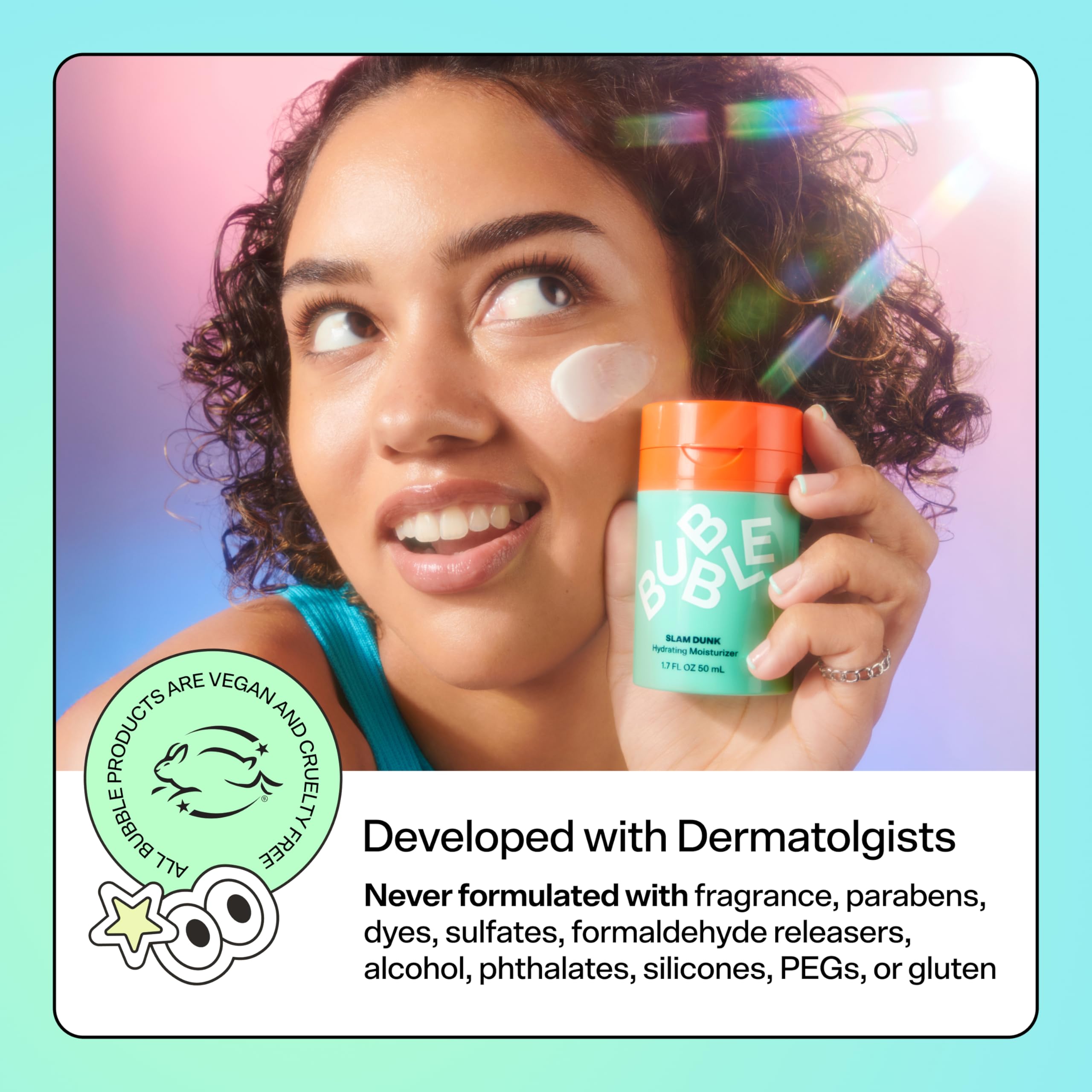 Bubble Skincare Slam Dunk normal-dry-skin closeup demonstrates comfortable moisture