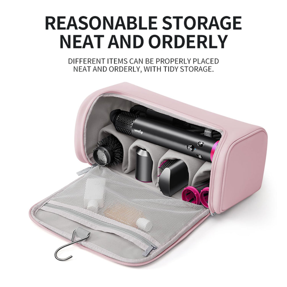 BUBM Dyson Airwrap travel case attachment slots view with brush and care items.