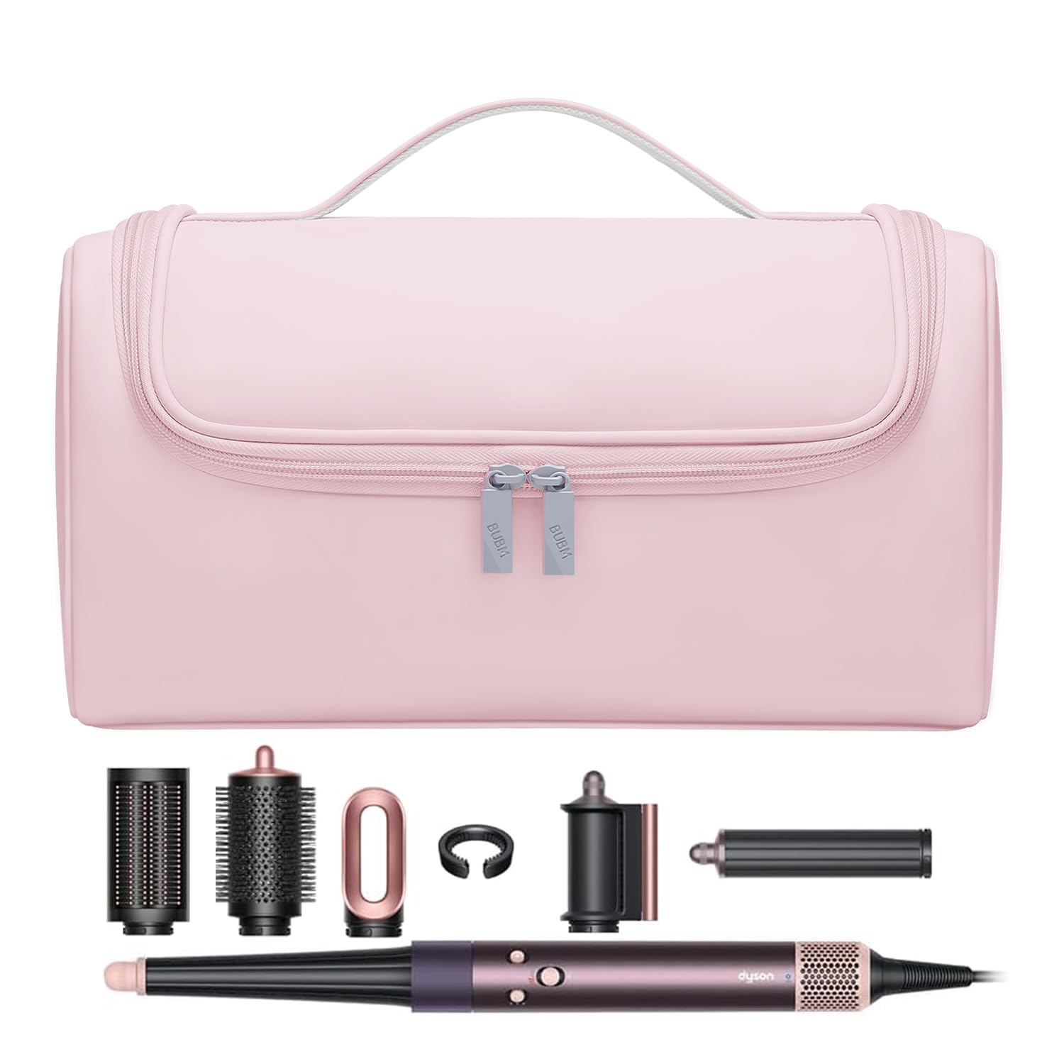 BUBM Dyson Airwrap travel case pink closeup highlights padded slots for attachments.