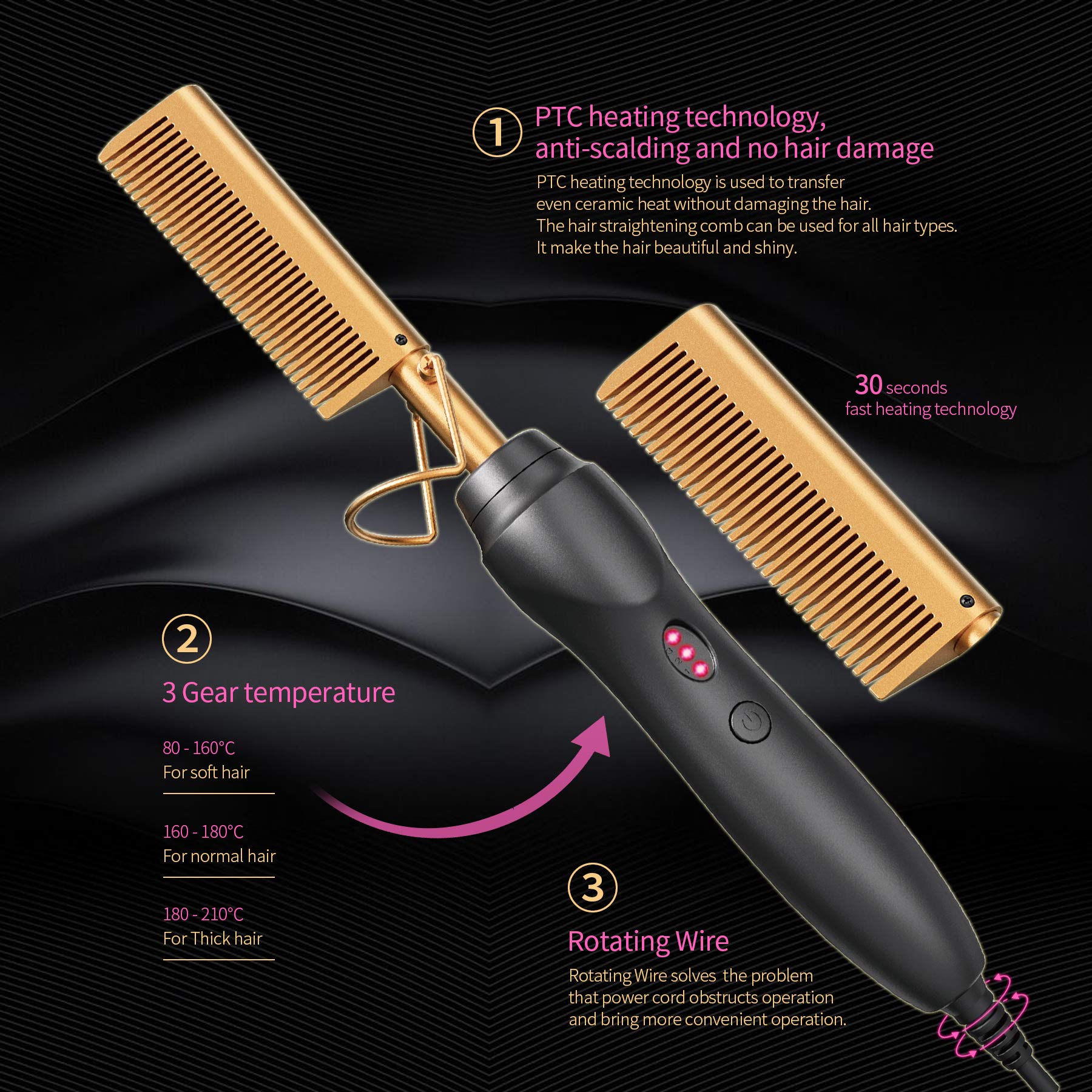 BudiGl hot comb ceramic plates close-up highlights even heat distribution for smooth results.