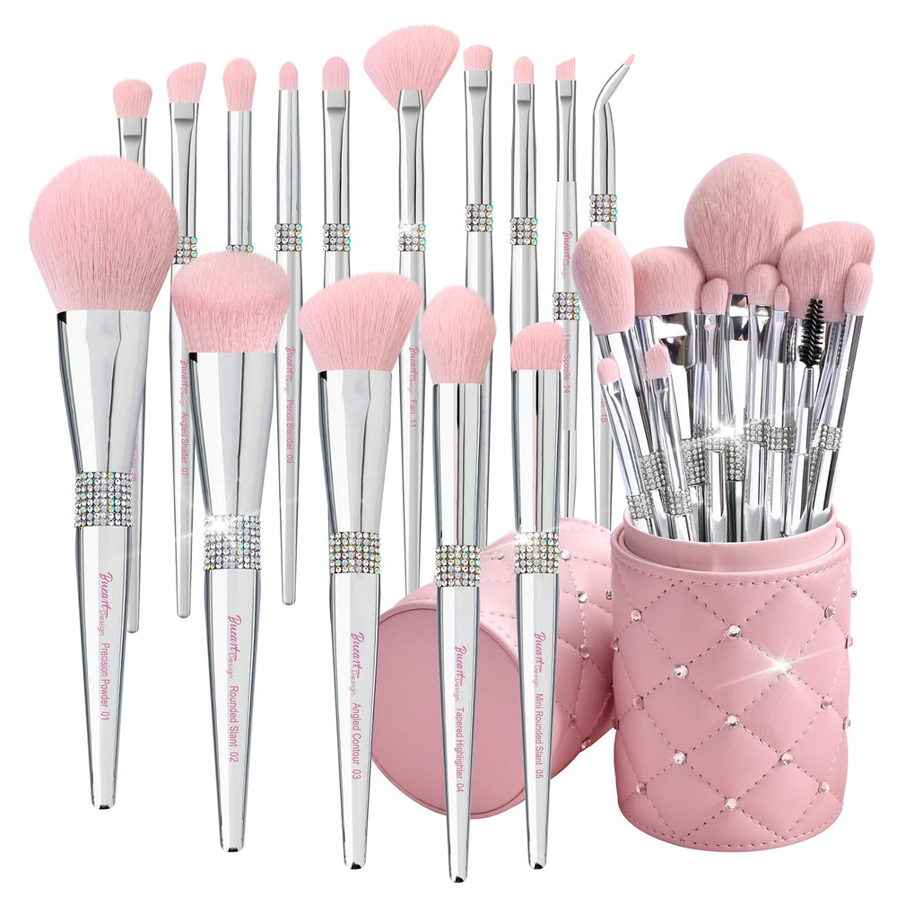 Bueart Design 15Pcs brush set with pink holder delivers complete makeup coverage and elegant storage.