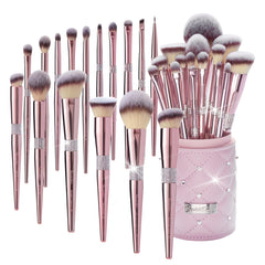 Bueart Design 16Pcs makeup brush set in elegant holder for professional application.