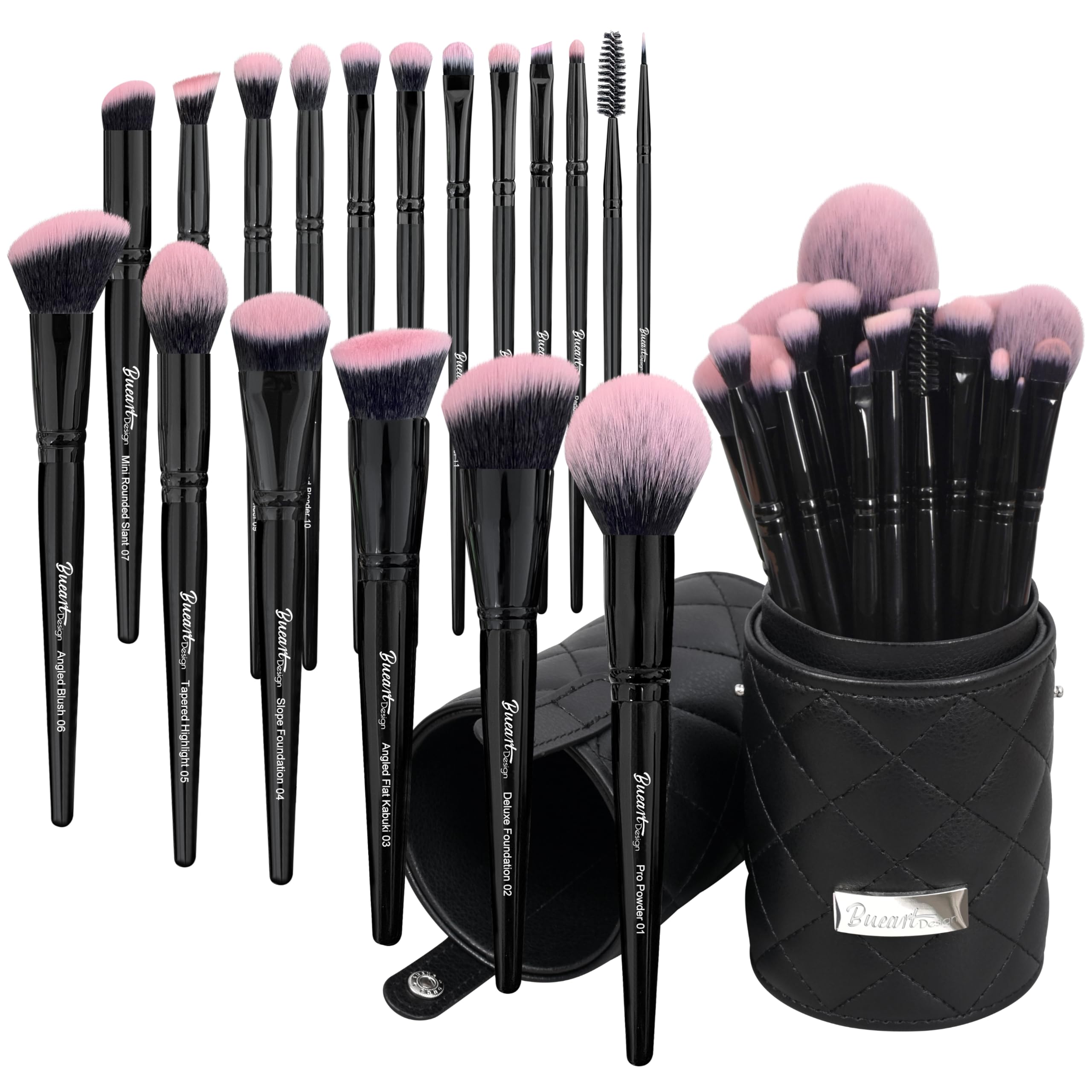 Bueart Design 18Pcs Pro Deluxe brush set with pink case open for travel.