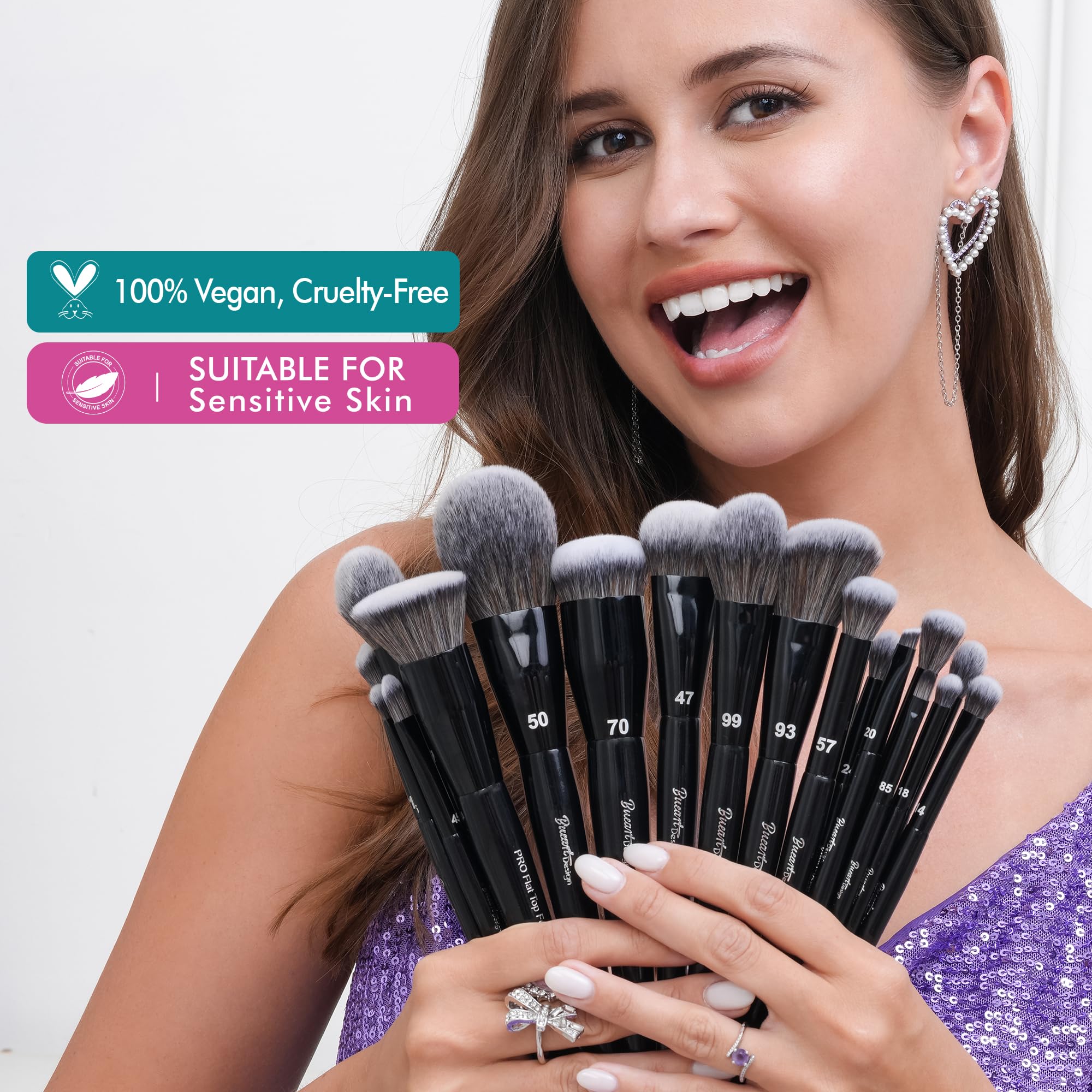 Closeup of Bueart Design labeled brushes for quick tool identification in makeup