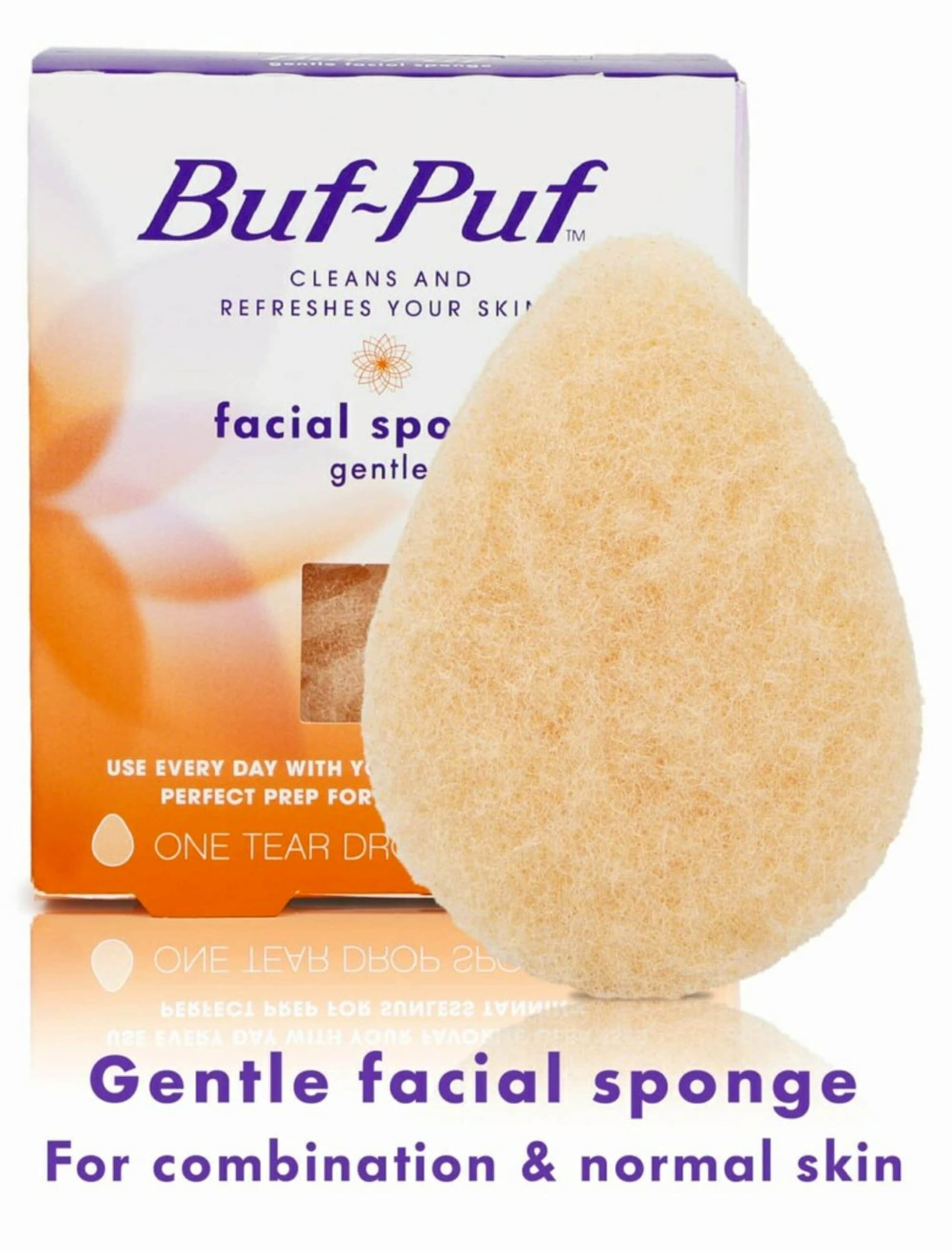 Buf-Puf Gentle Facial Sponge textured surface demonstrates makeup removal and exfoliation.