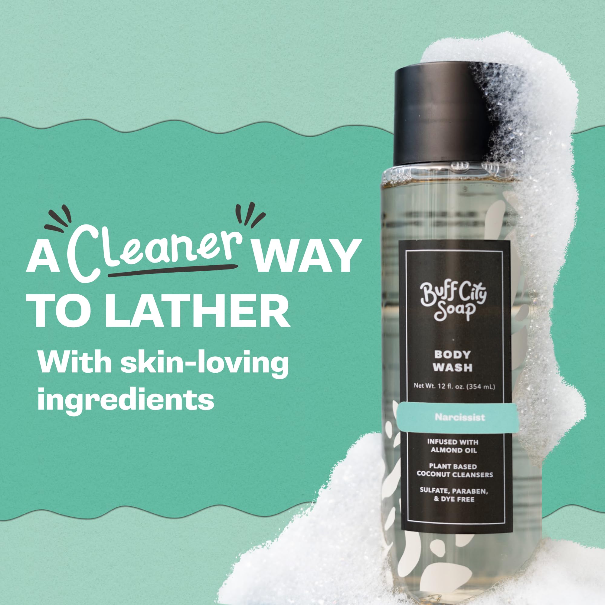 Buff City Soap Narcissist plant-based body wash ingredients almond oil nourish skin during daily showers