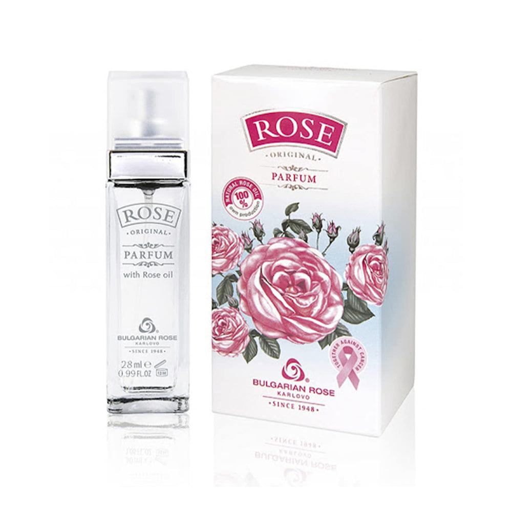 Bulgarian Rose Karlovo Original bottle front shows long-lasting unisex fragrance.