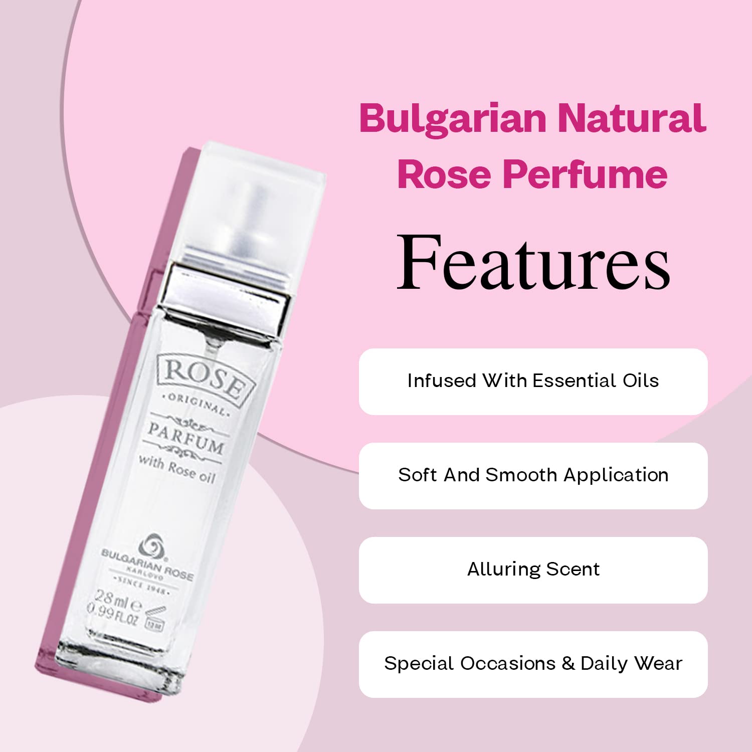 Bulgarian Rose Karlovo perfume drops on wrist suggest lasting freshness.