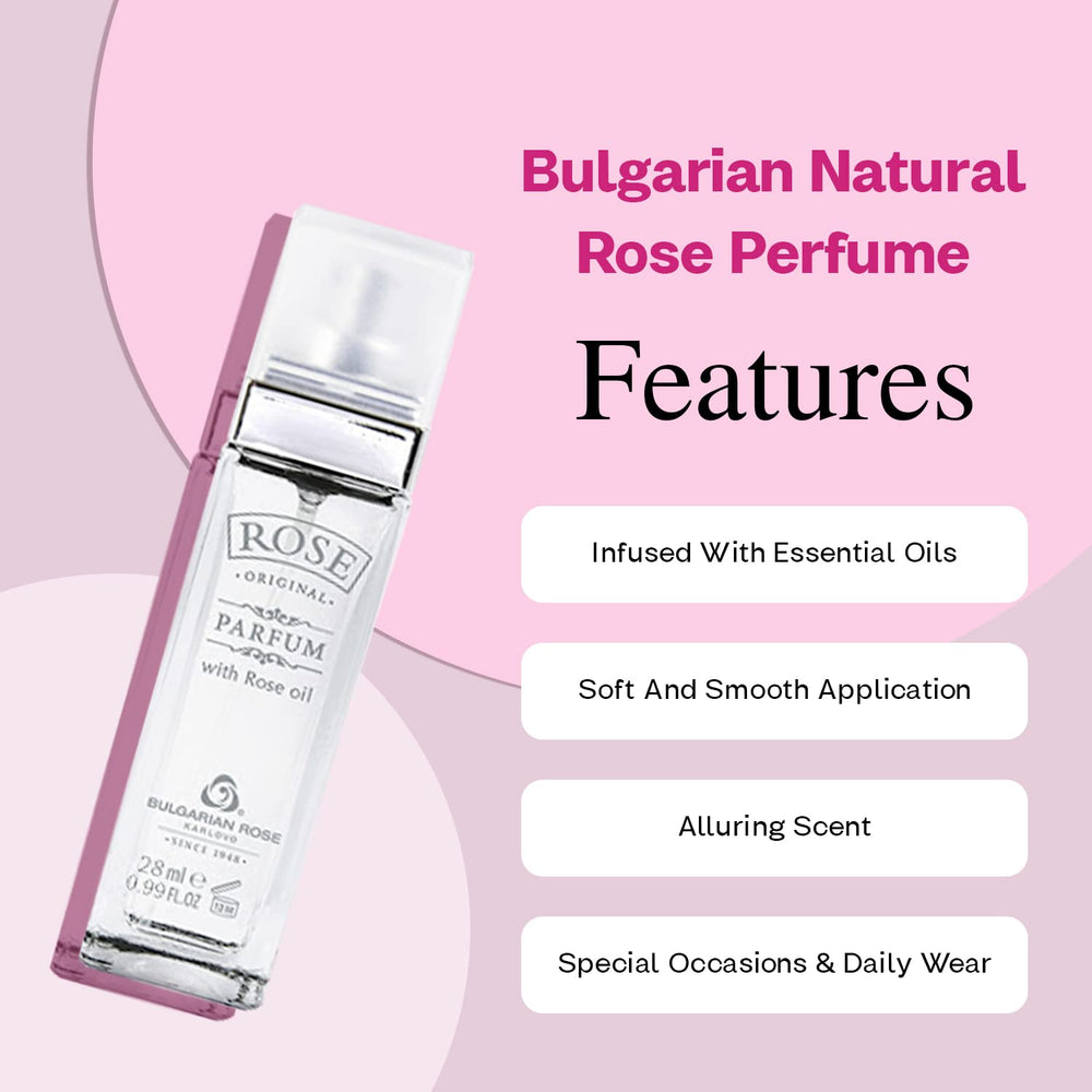 Bulgarian Rose Karlovo perfume drops on wrist suggest lasting freshness.