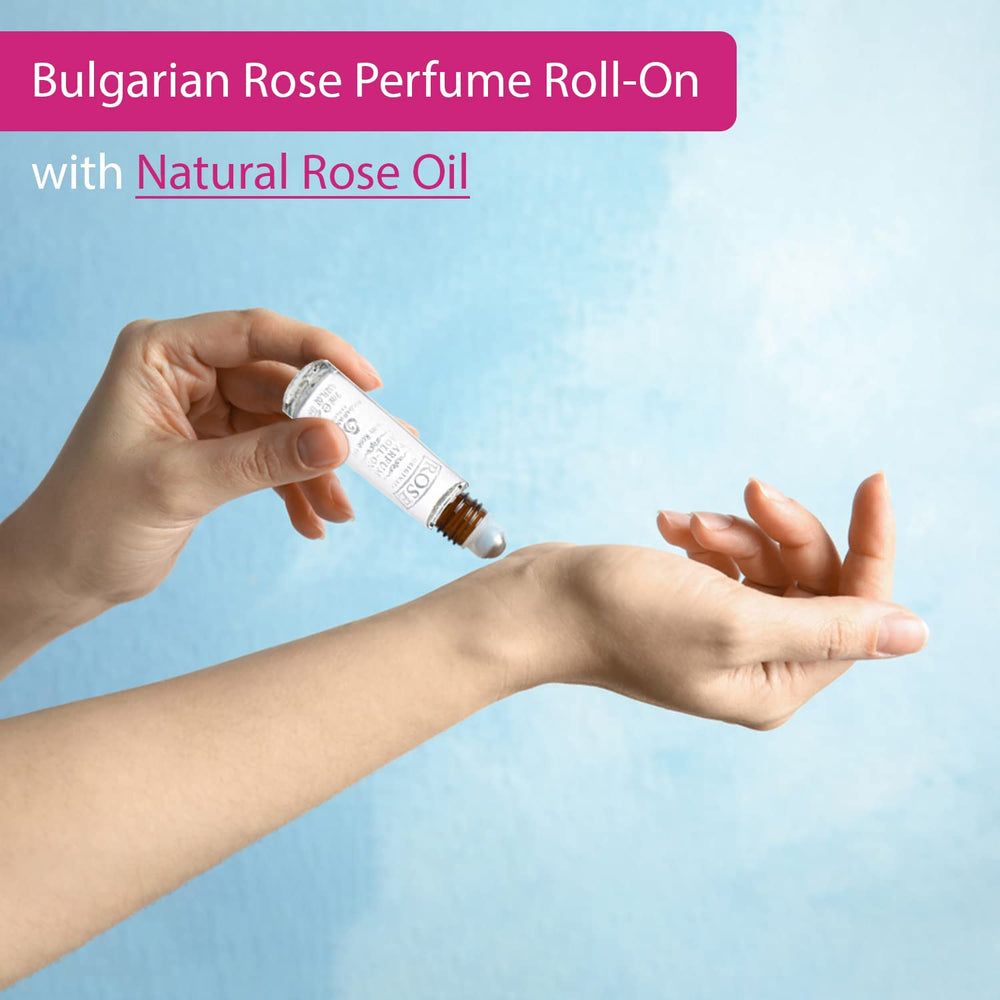 Bulgarian Rose Karlovo roll-on application, smooth glide for all-day fragrance.