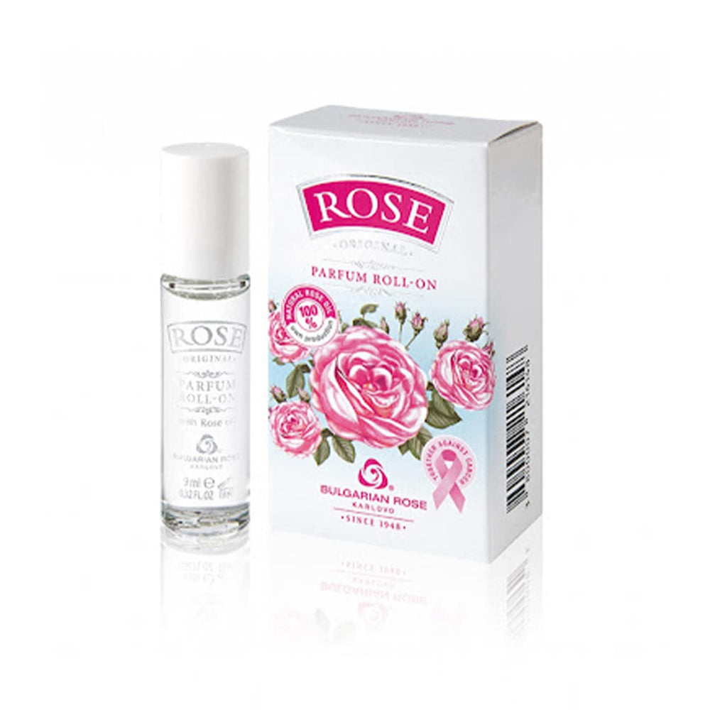 Bulgarian Rose Karlovo roll-on bottle closeup, alcohol-free fragrance for daily wear.