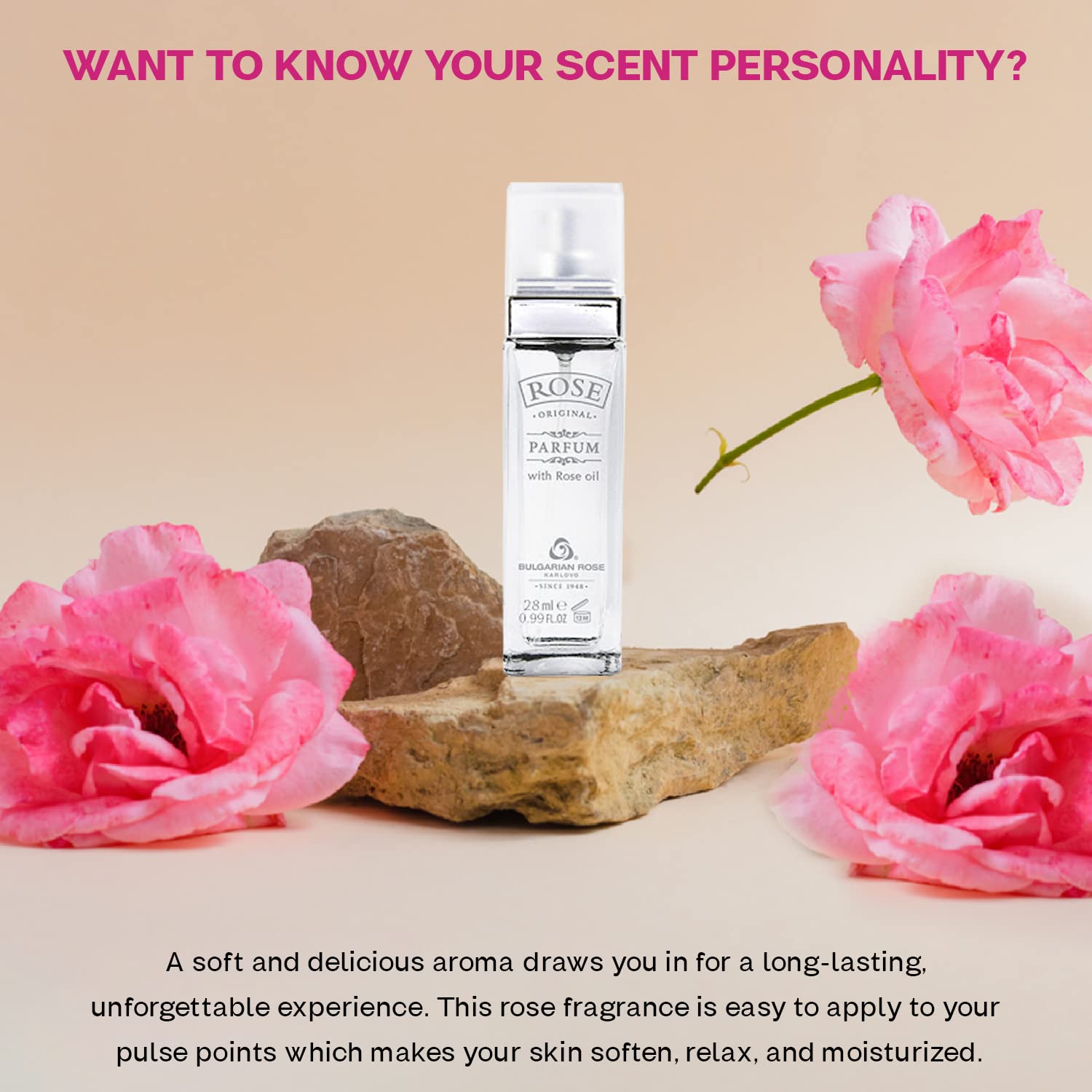 Bulgarian Rose Karlovo rose oil blend detail emphasizes natural, skin-friendly formulation.