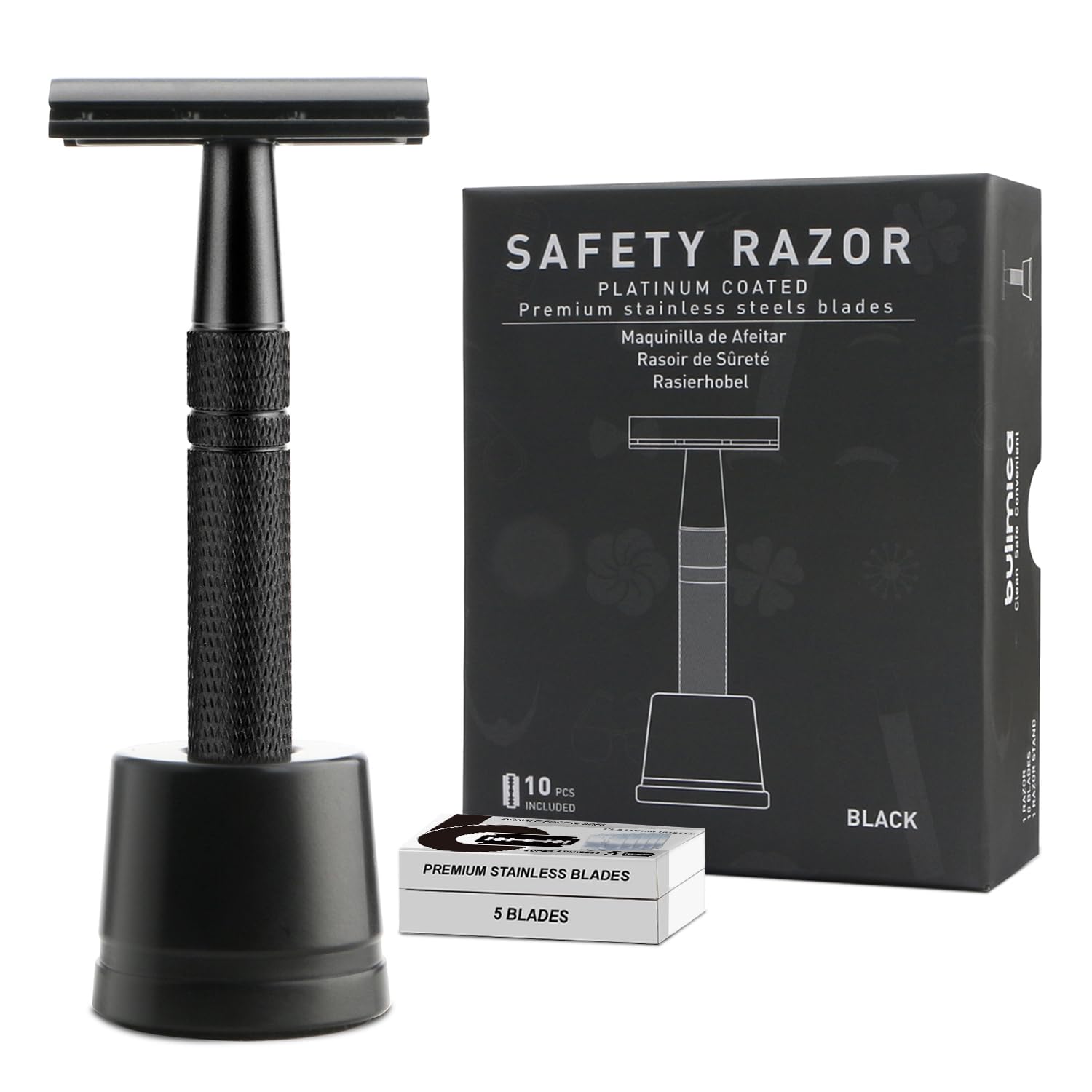 BULIMICA double-edge razor matte-black with stand for precise, close shaving.