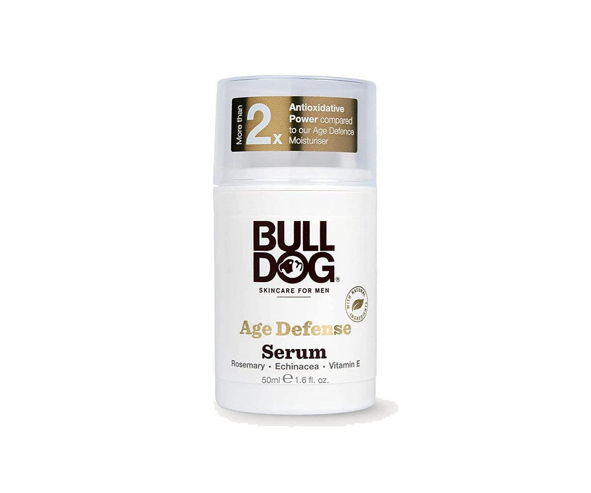 Bulldog Age Defence Serum bottle front shows moisturizing formula for mature skin