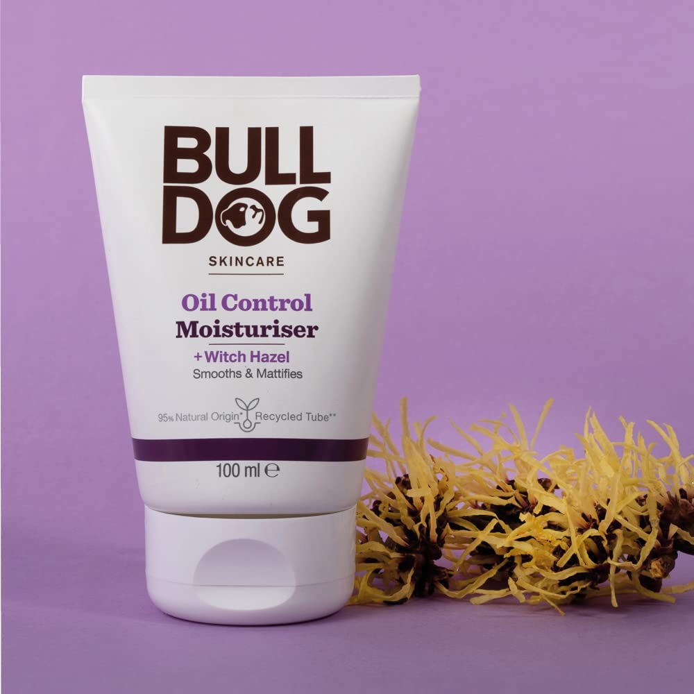 BULLDOG Oil Control Moisturizer tube label highlights vegan and dairy-free formula