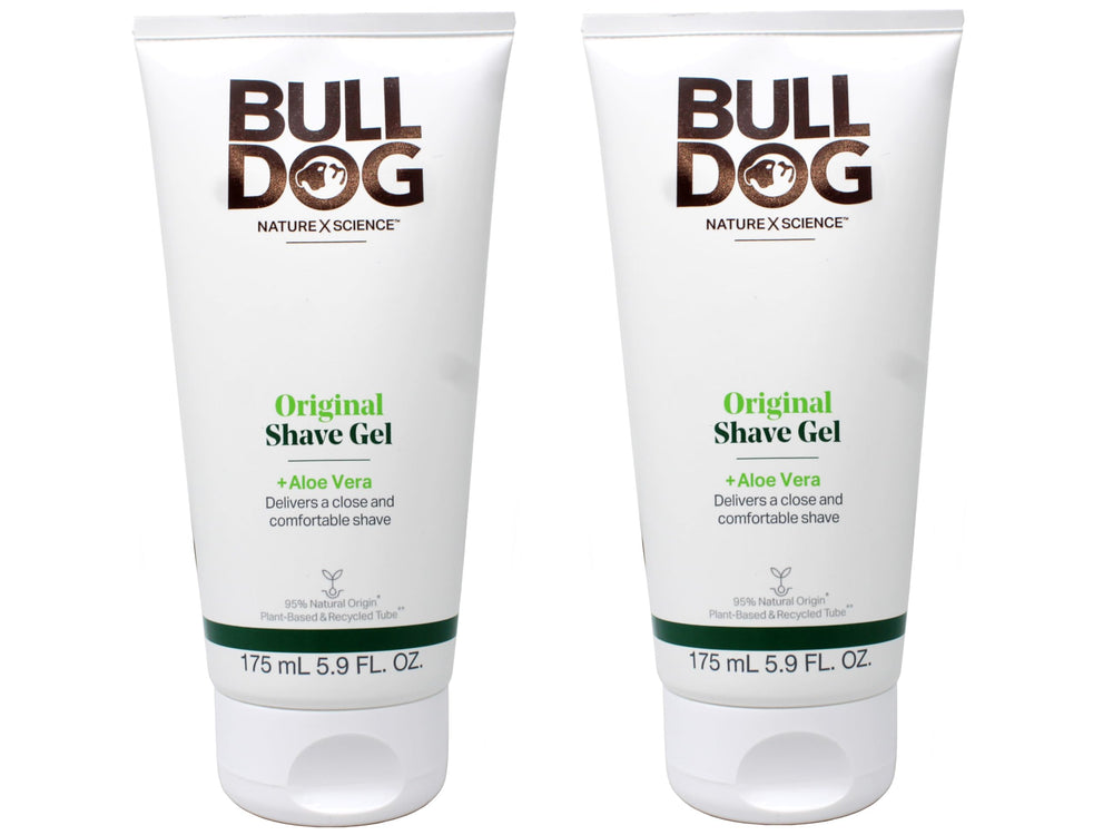 Bulldog Original Shave Gel bottle closeup for a smooth shave.