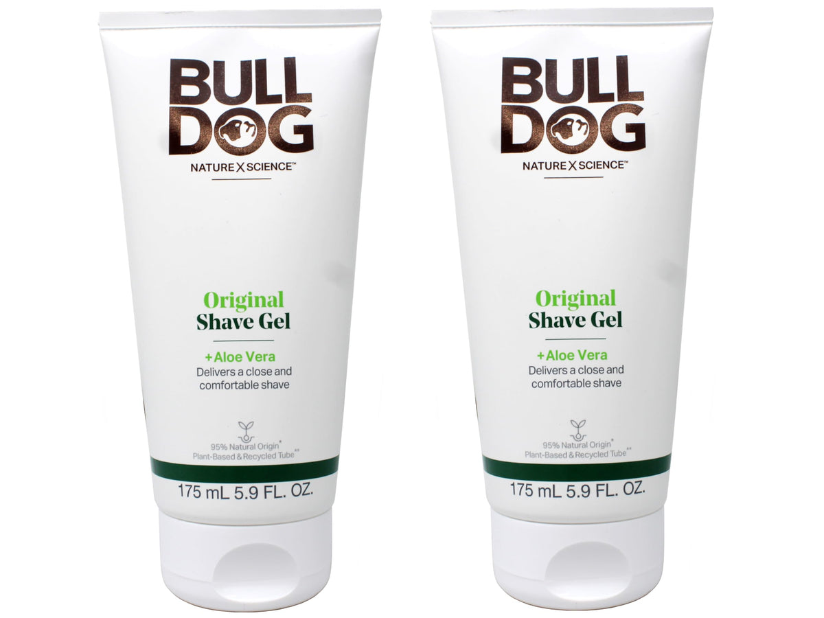 Bulldog Original Shave Gel bottle closeup for a smooth shave.