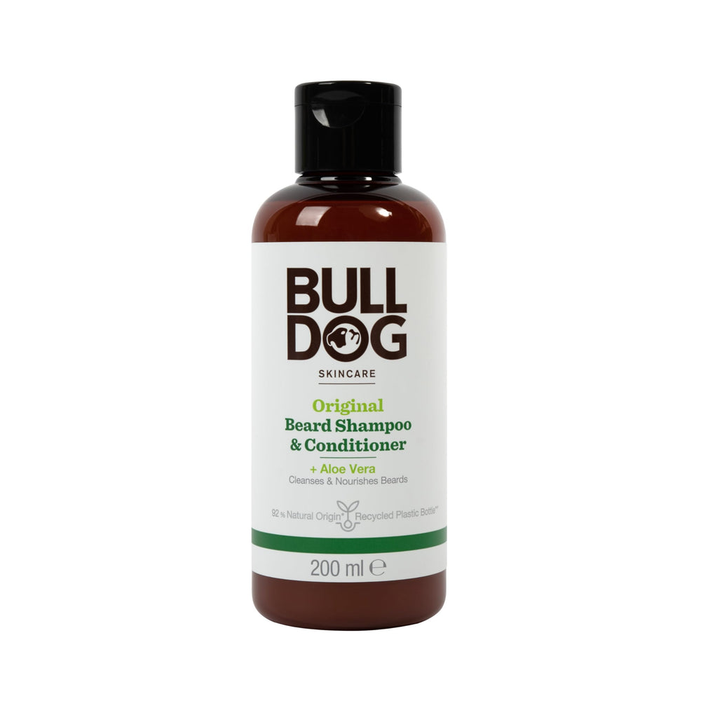 Bulldog original bottle showing 2-in-1 beard shampoo and conditioner for grooming