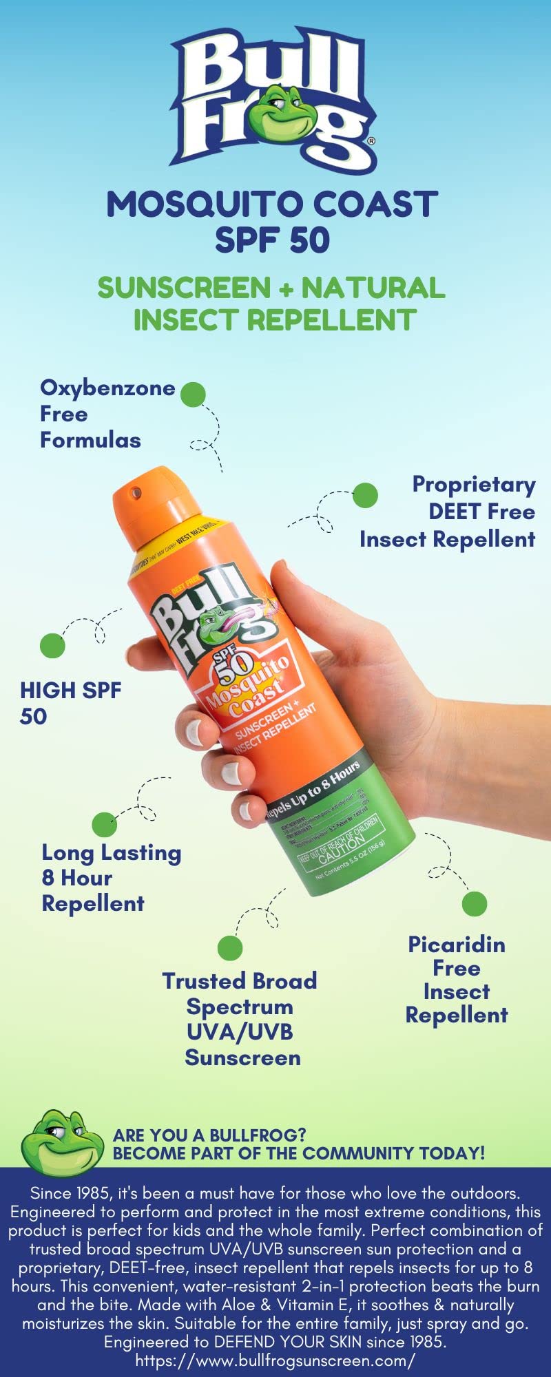 Bullfrog logo closeup reinforces trusted sun and bug protection since 1985.