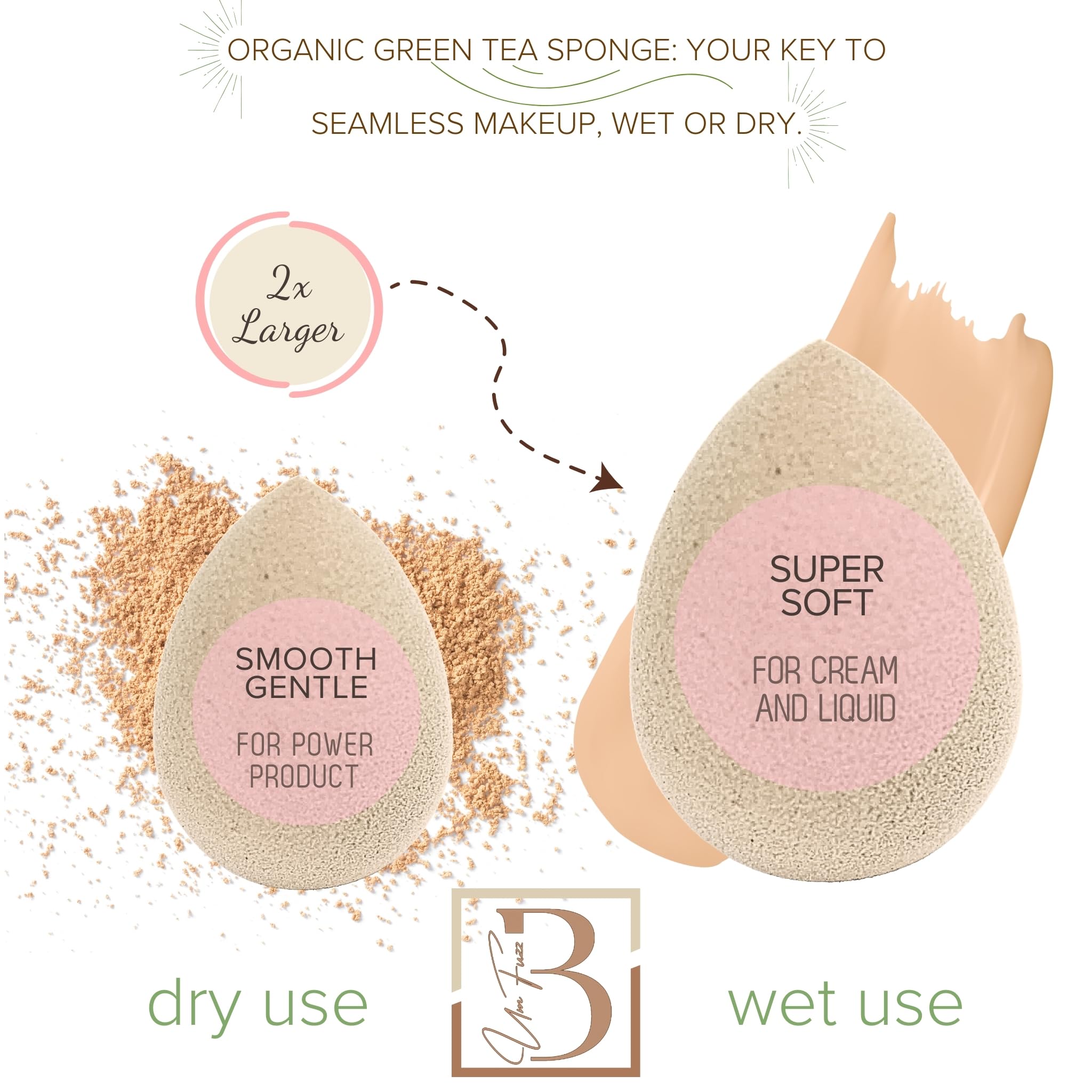Bumfuzz green tea sponge-application-foundation enables airbrushed finish for liquids and powders