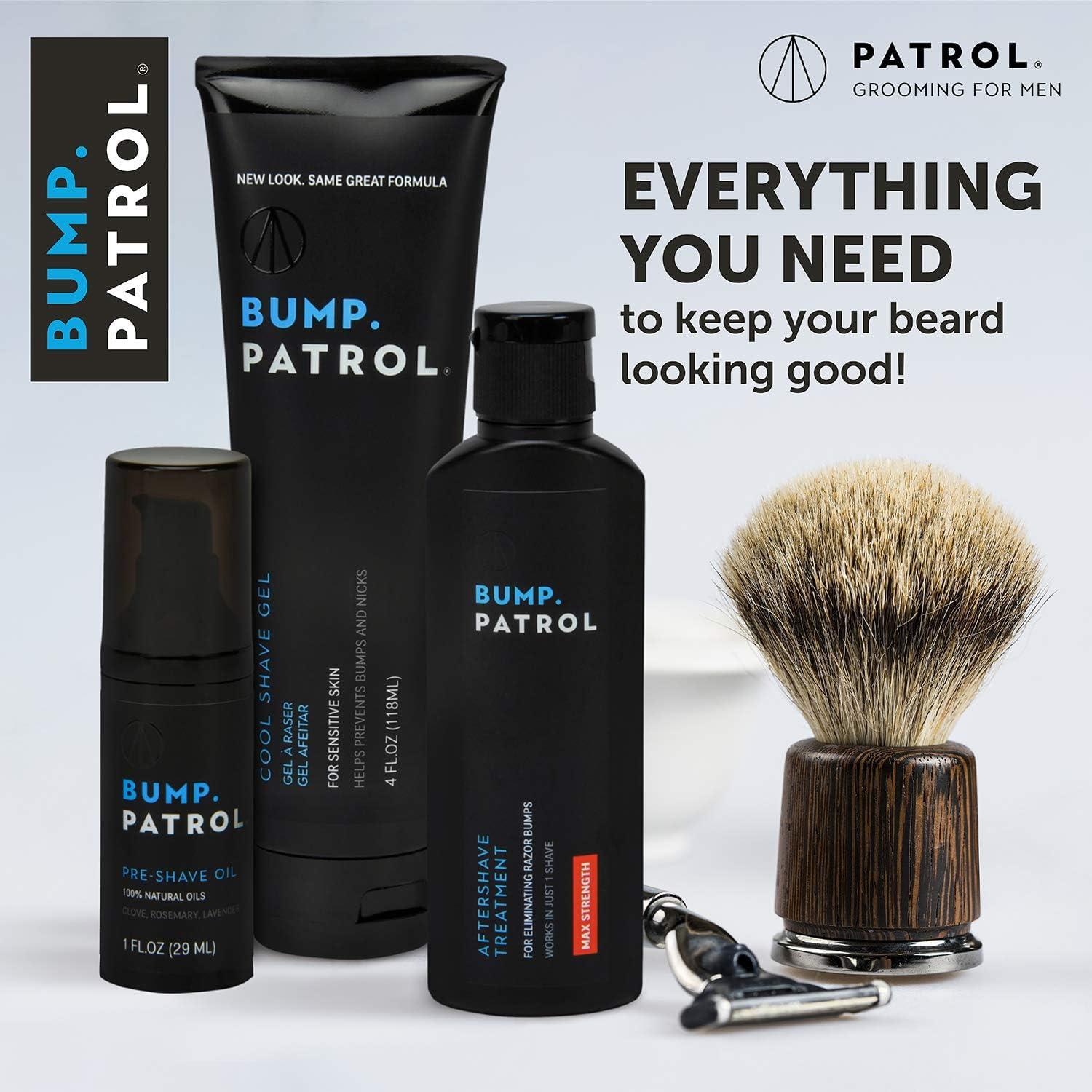 Bump Patrol bottle on a bathroom shelf beside skincare products.