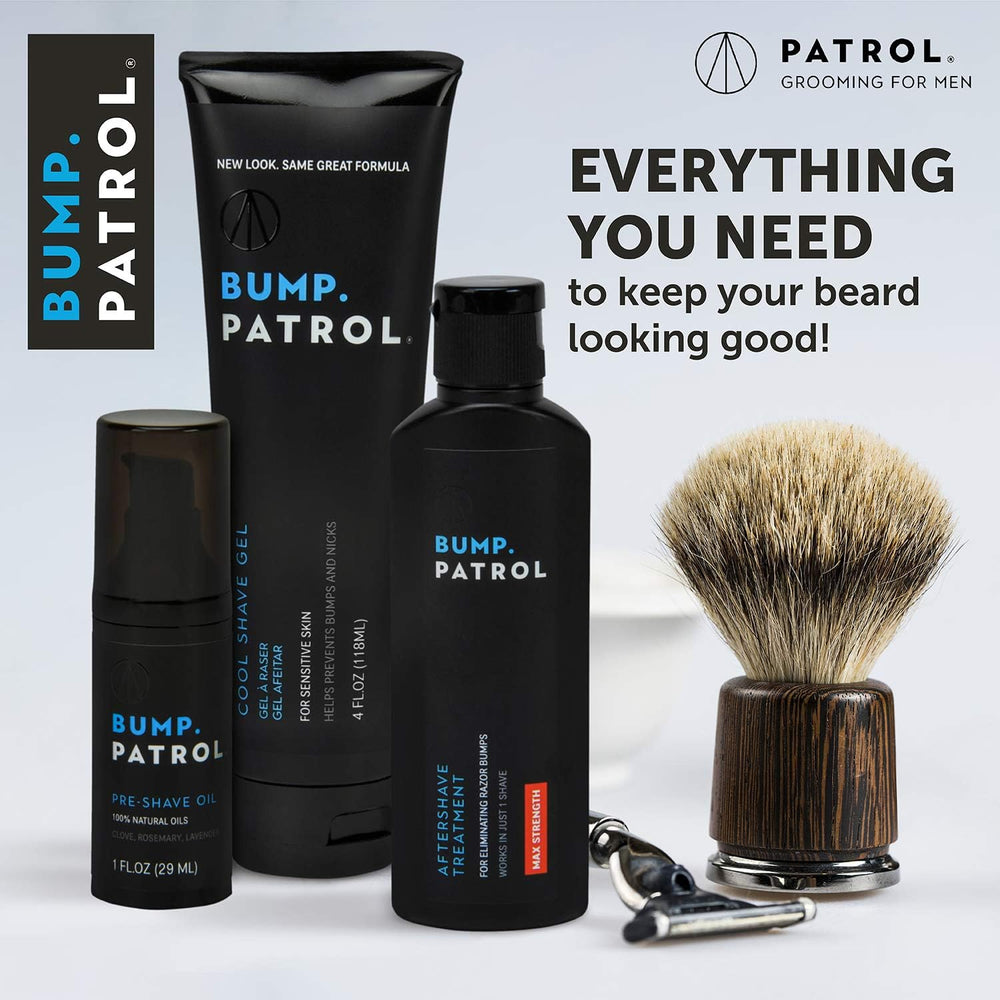 Bump Patrol bottle on a bathroom shelf beside skincare products.