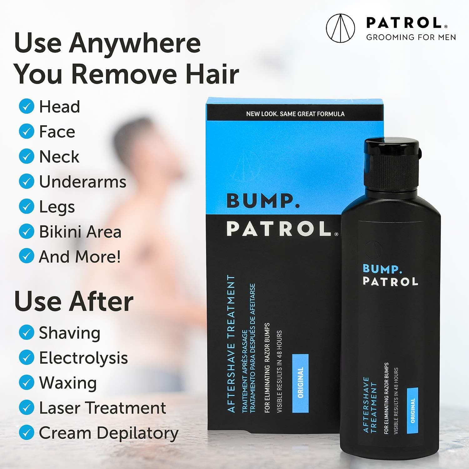 Bump Patrol label highlights dermatologist-recommended status and skin-area versatility.