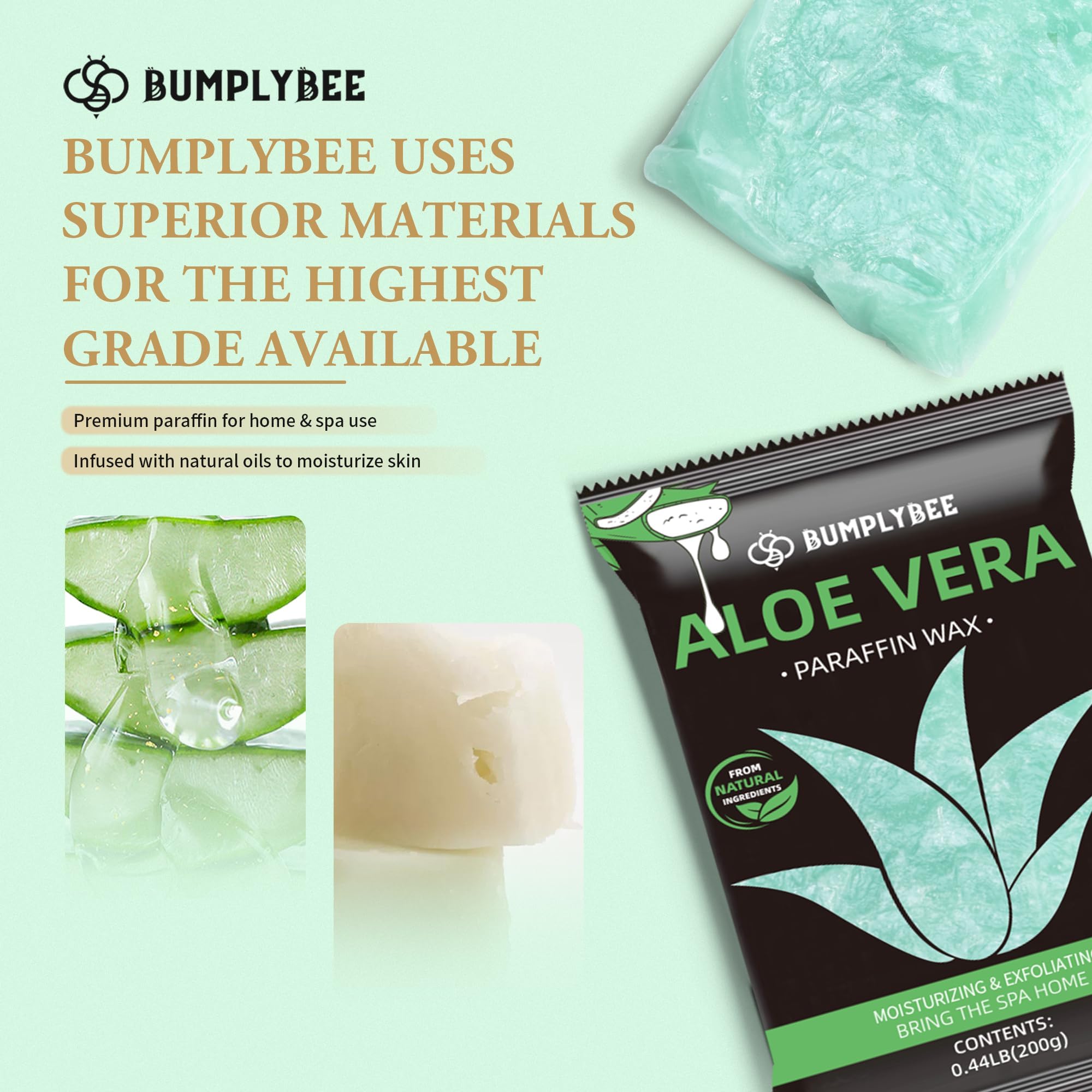 BUMPLYBEE Aloe Vera-infused wax delivers gentle hydration for hands and feet.