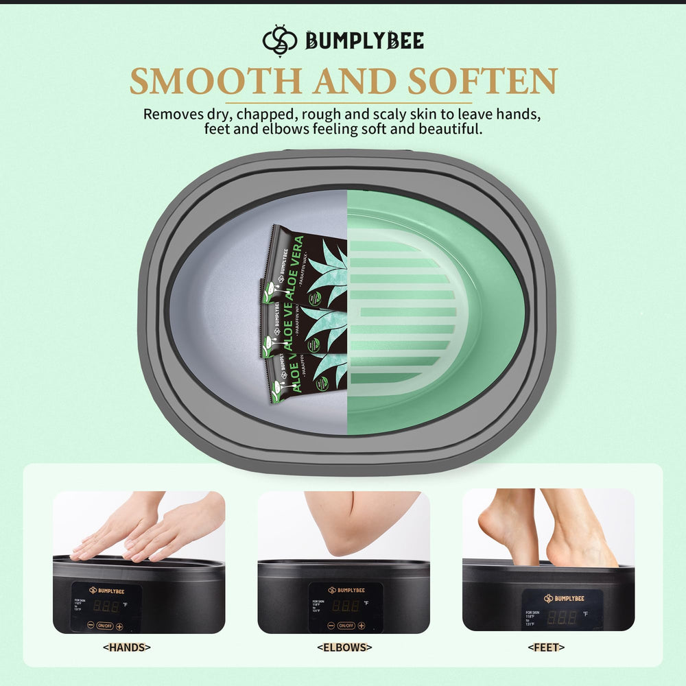 BUMPLYBEE hands and feet receive moisture during Aloe Vera wax treatment.