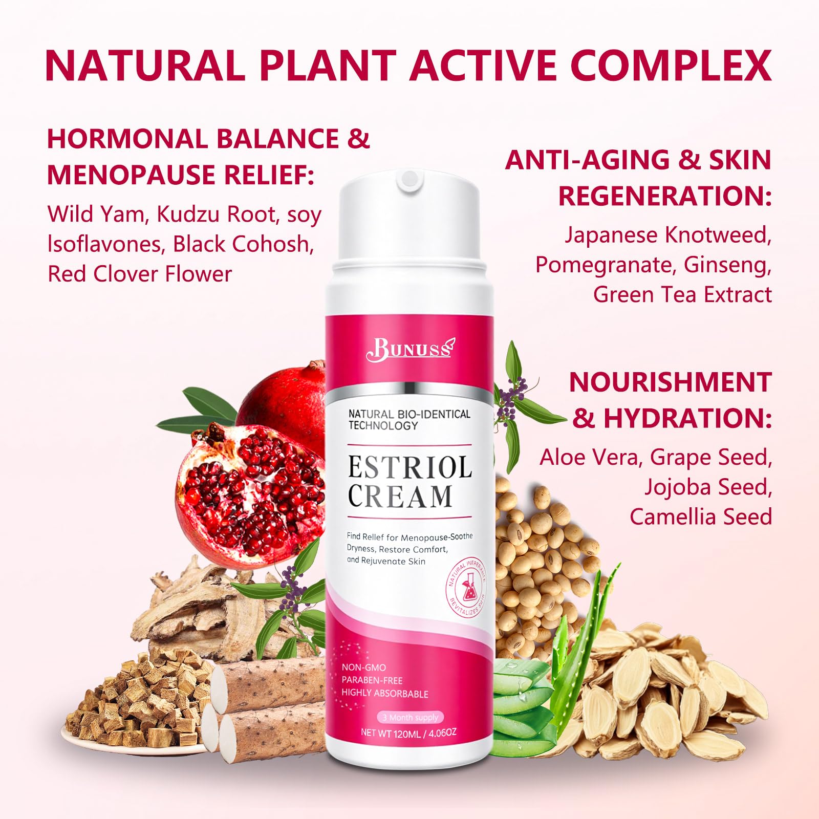 BUNUSS Estriol application on face, neck, and body supports even skin tone.
