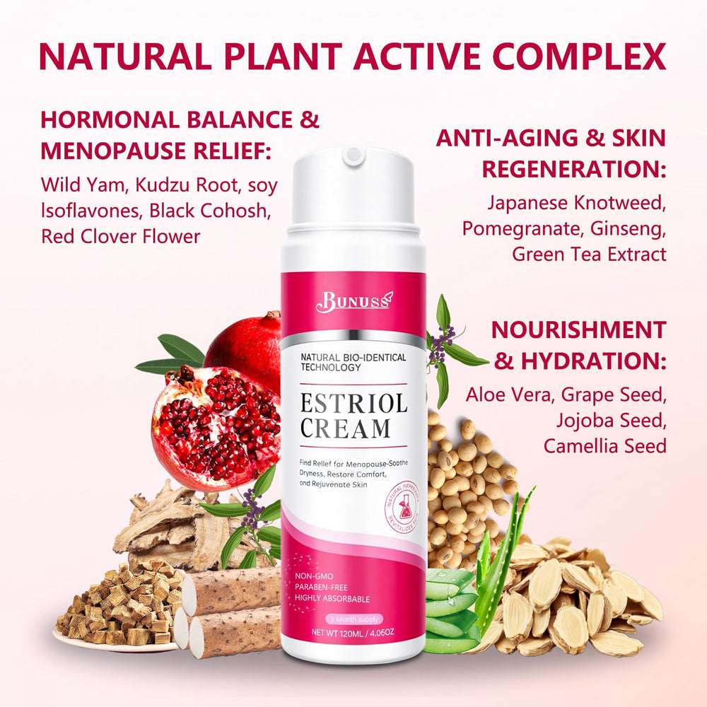 BUNUSS Estriol application on face, neck, and body supports even skin tone.