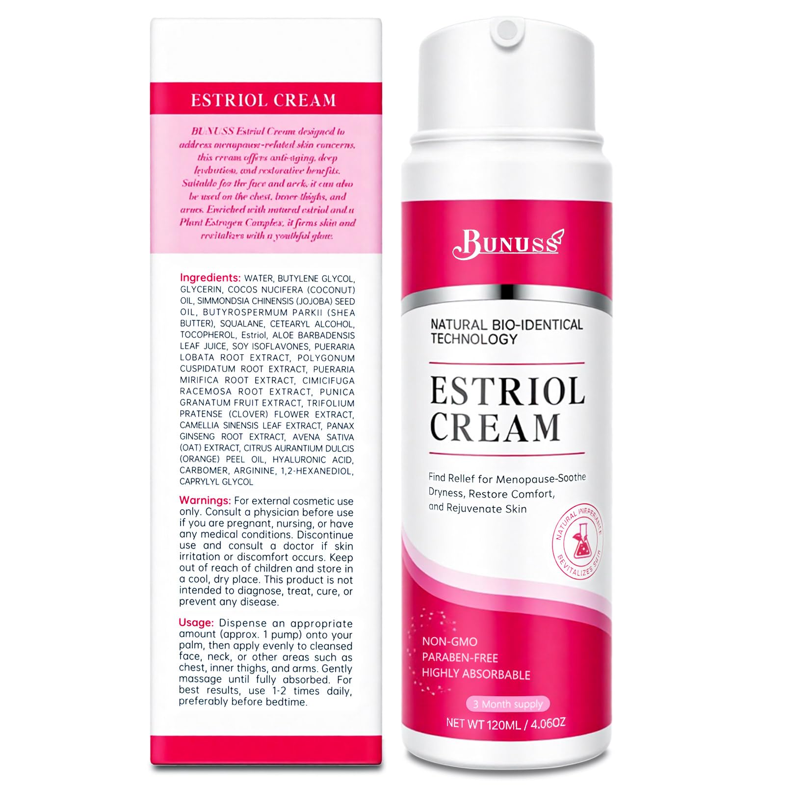 BUNUSS Estriol brand logo on packaging for clean skincare trust.