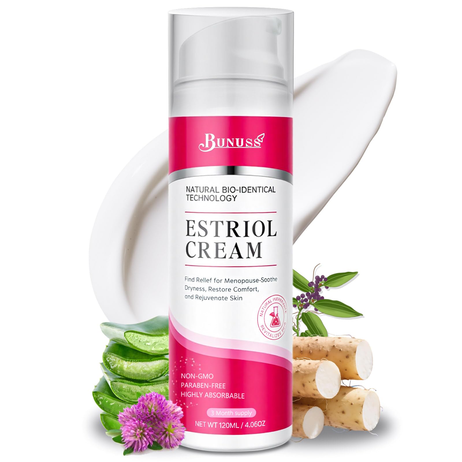 BUNUSS Estriol face cream pump bottle delivers gentle daily hydration.