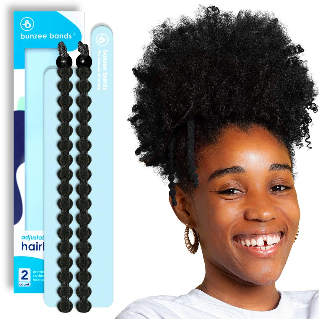 Bunzee Bands large adjustable hair tie black set2 closeup shows cushioned comfort for all hair types