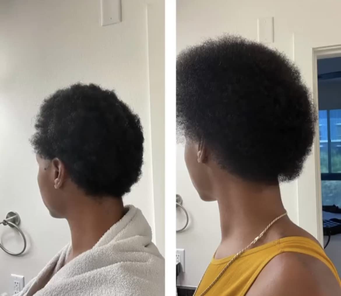 Bur Bur Growing Season Oil on wet hair illustrates easier detangling before washing.