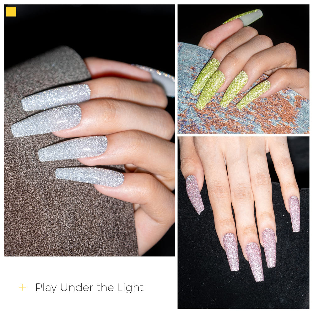 BURANO Glitter polish under LED light highlights brilliant reflection and long-lasting shine.