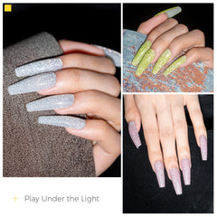 BURANO Glitter polish under LED light highlights brilliant reflection and long-lasting shine.