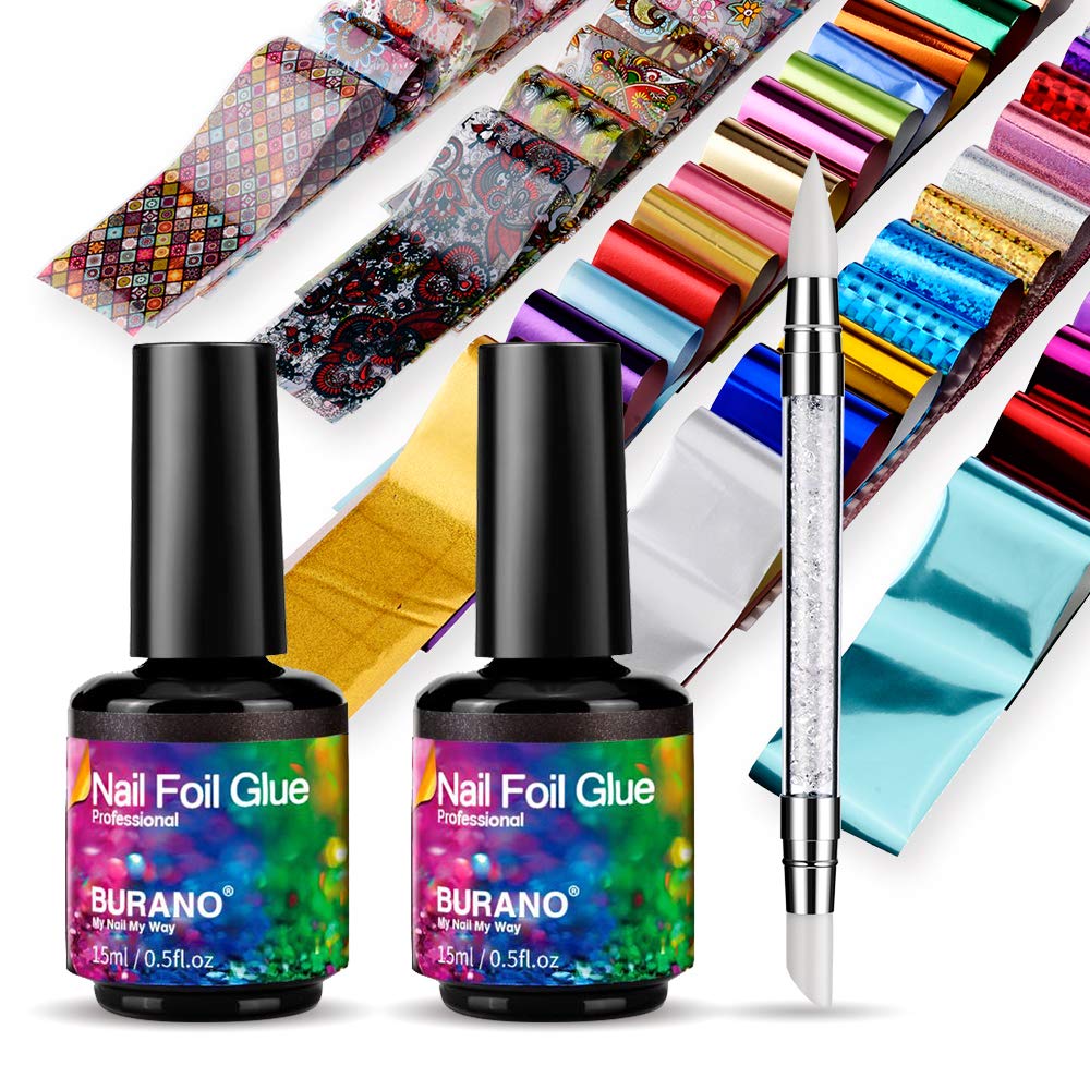 BURANO nail foil glue gel bottle close-up showing dual 15 ml containers for home use