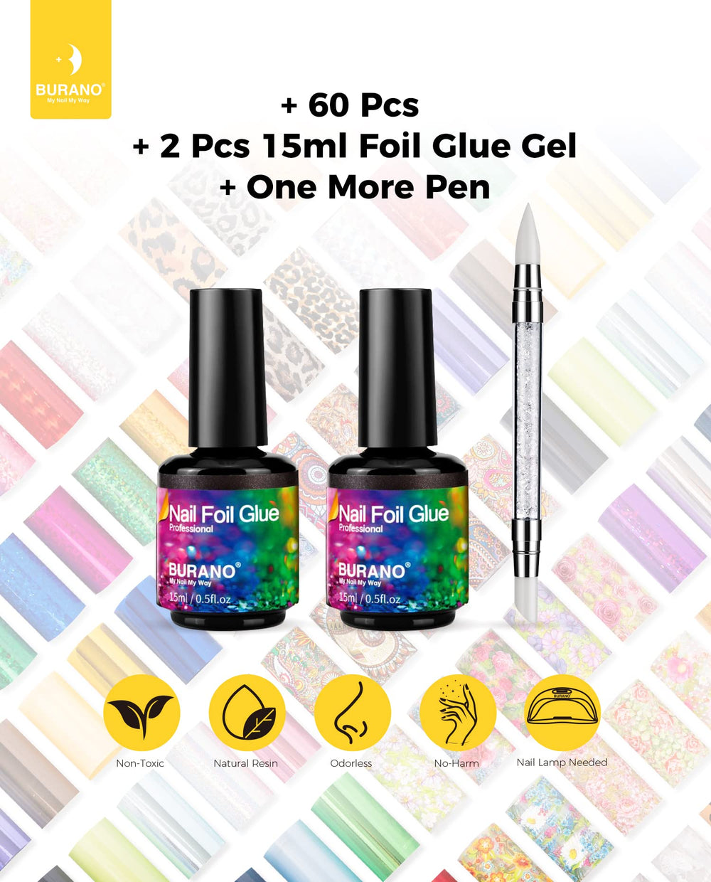 BURANO nail design ideas with foil stickers for versatile metallic looks
