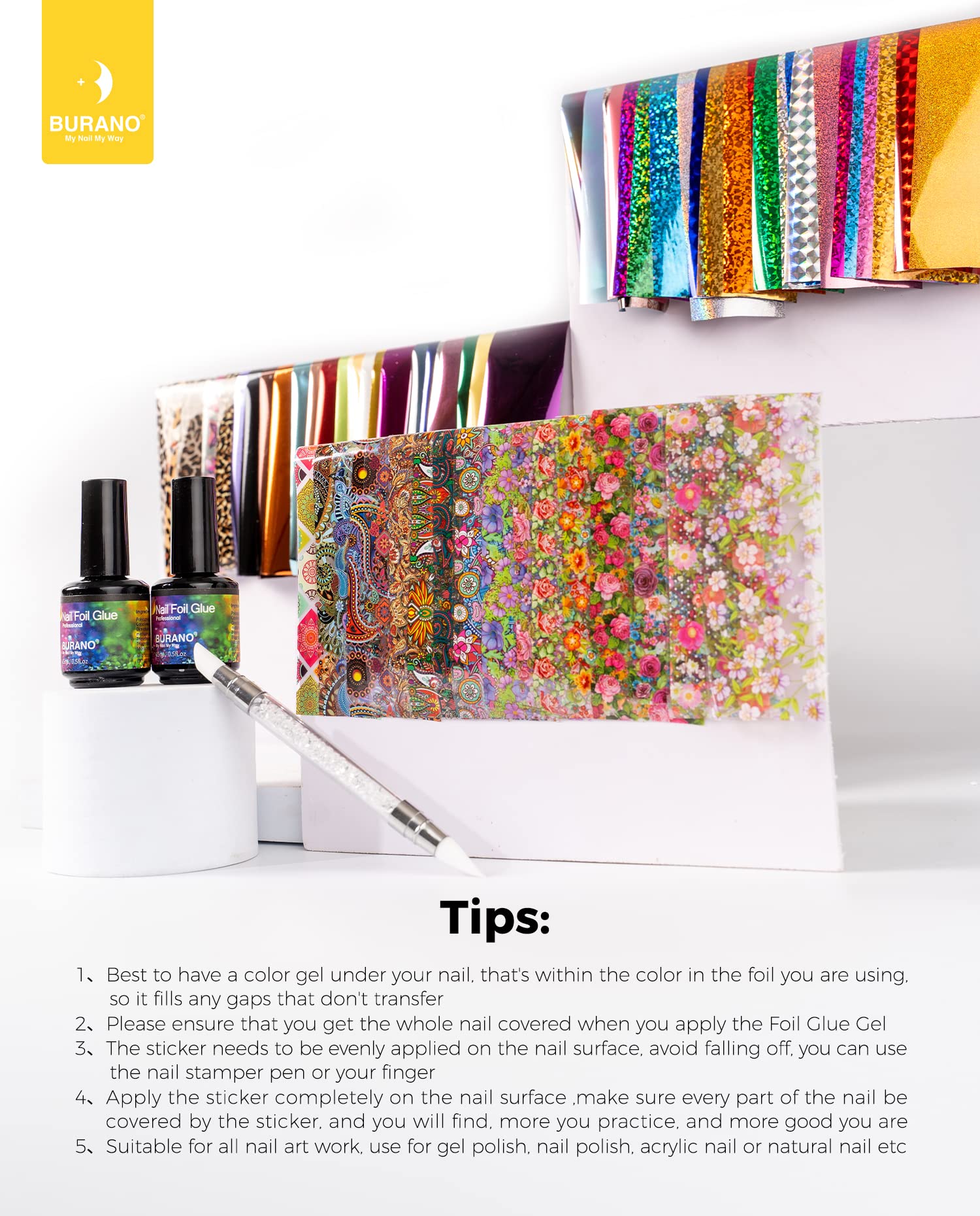 BURANO transfer foil glue application step demonstrating easy design process