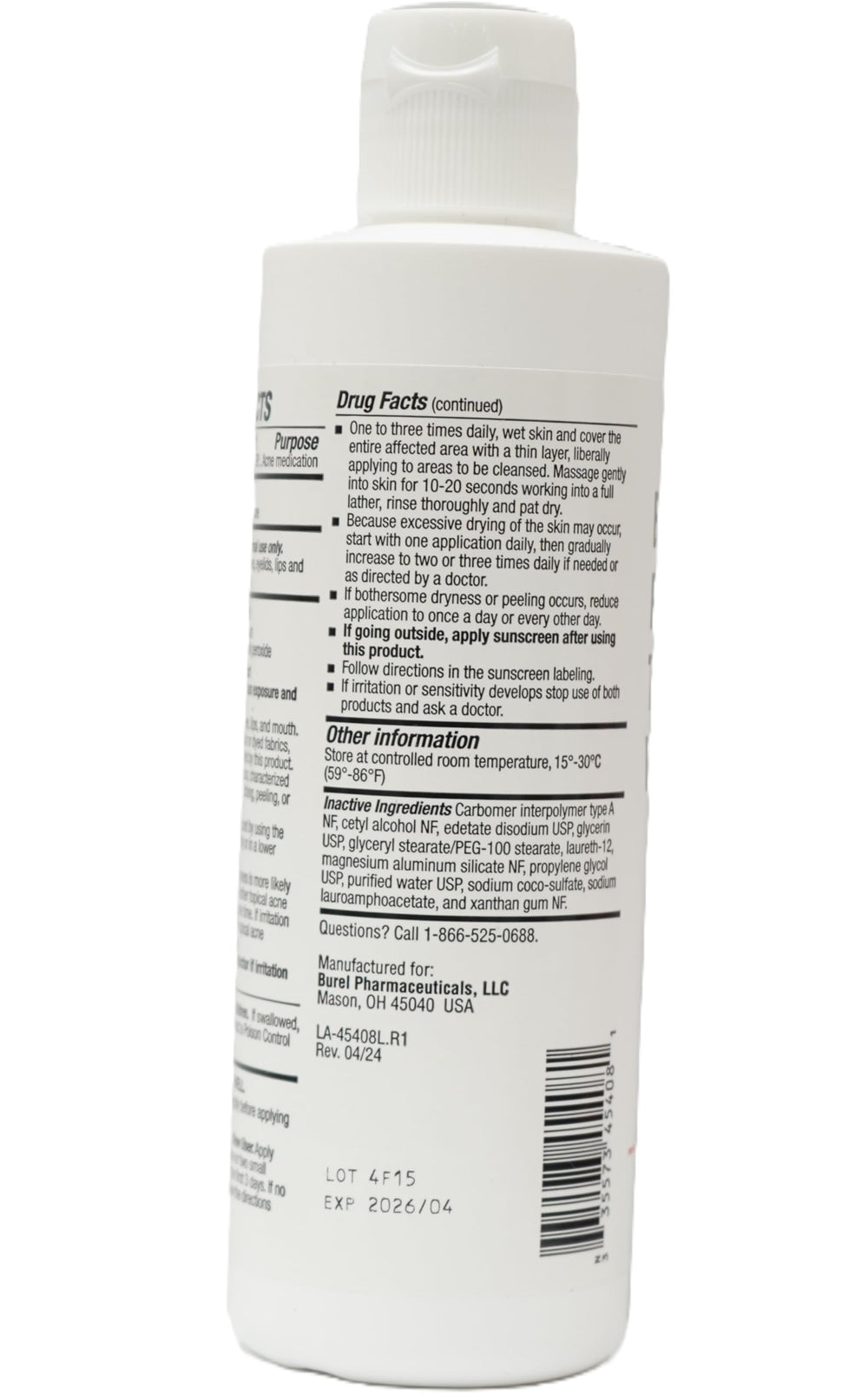 Burelpharma benzoyl peroxide topical wash packaging and cap supports quick, gentle cleansing