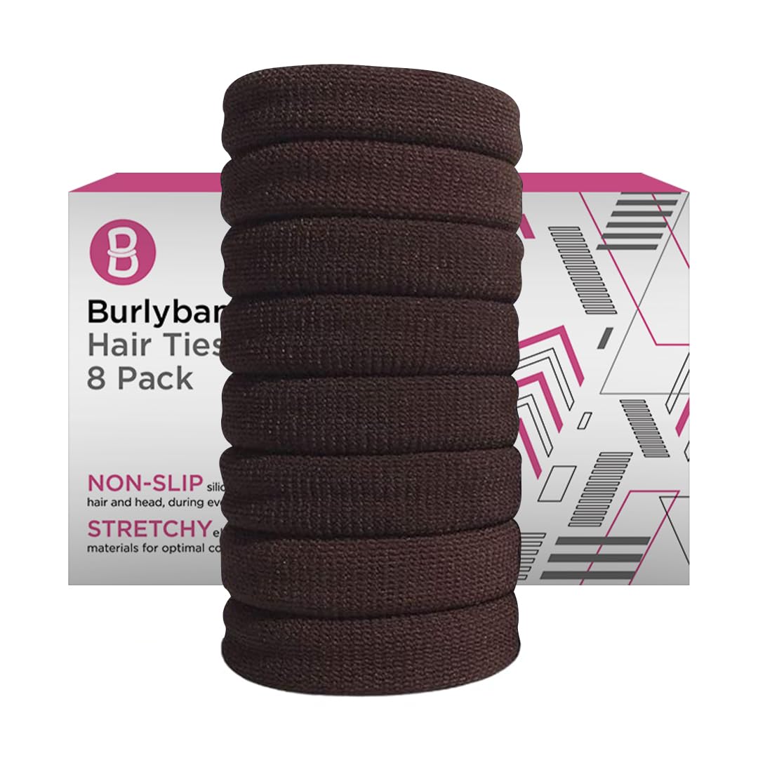 Burlybands large hair tie secures thick ponytail with non-slip hold during workouts.