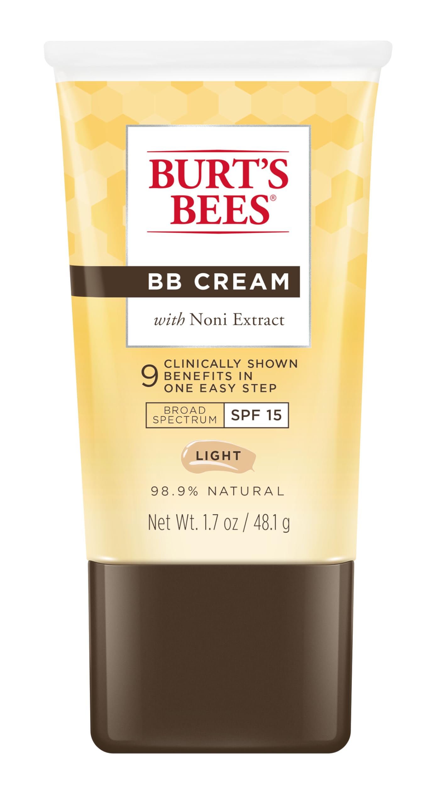 Burt's Bees BB Cream SPF 15 light-tint tube close-up, lightweight coverage.