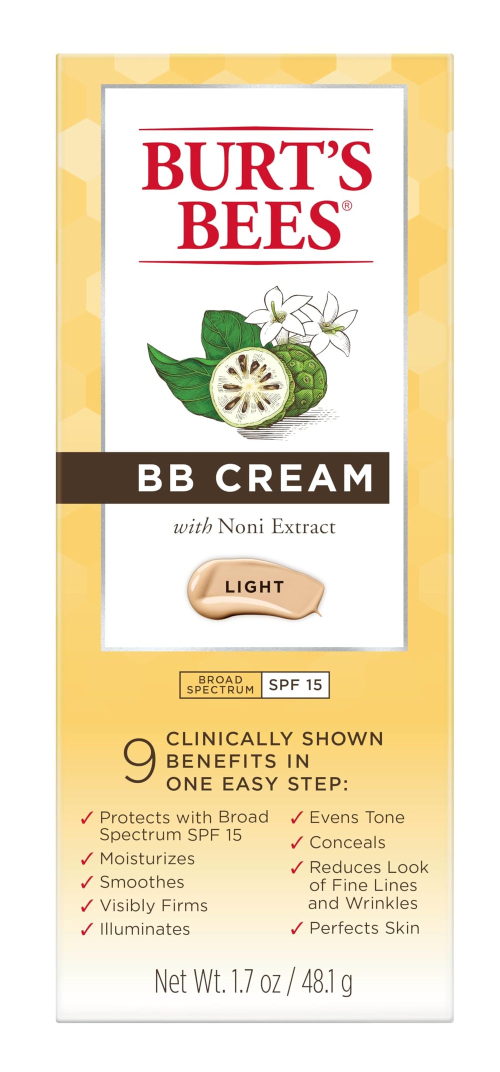 Burt's Bees BB Cream SPF 15 applied daily for sun protection.