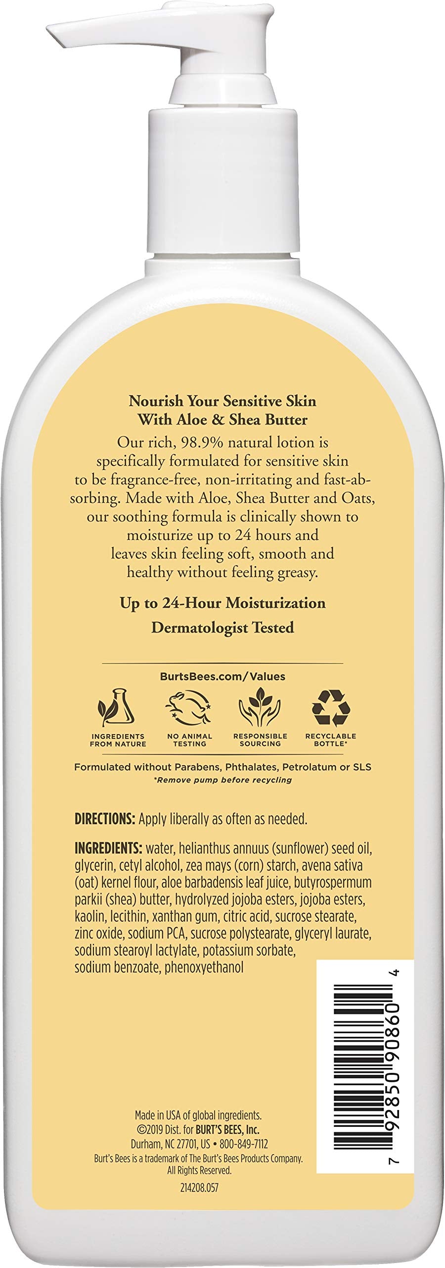 Burts Bees body lotion texture image highlights fast-absorbing, fragrance-free moisturizing