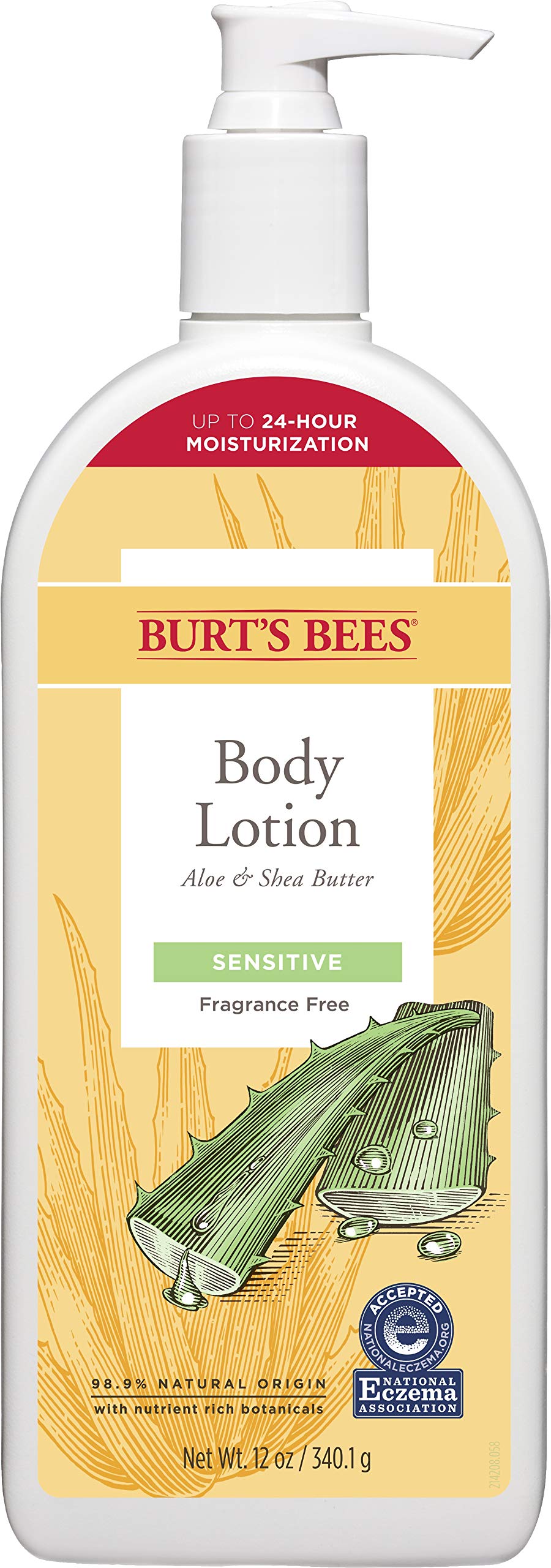 Burts Bees body lotion bottle shows aloe-shea formula ideal for sensitive skin hydration